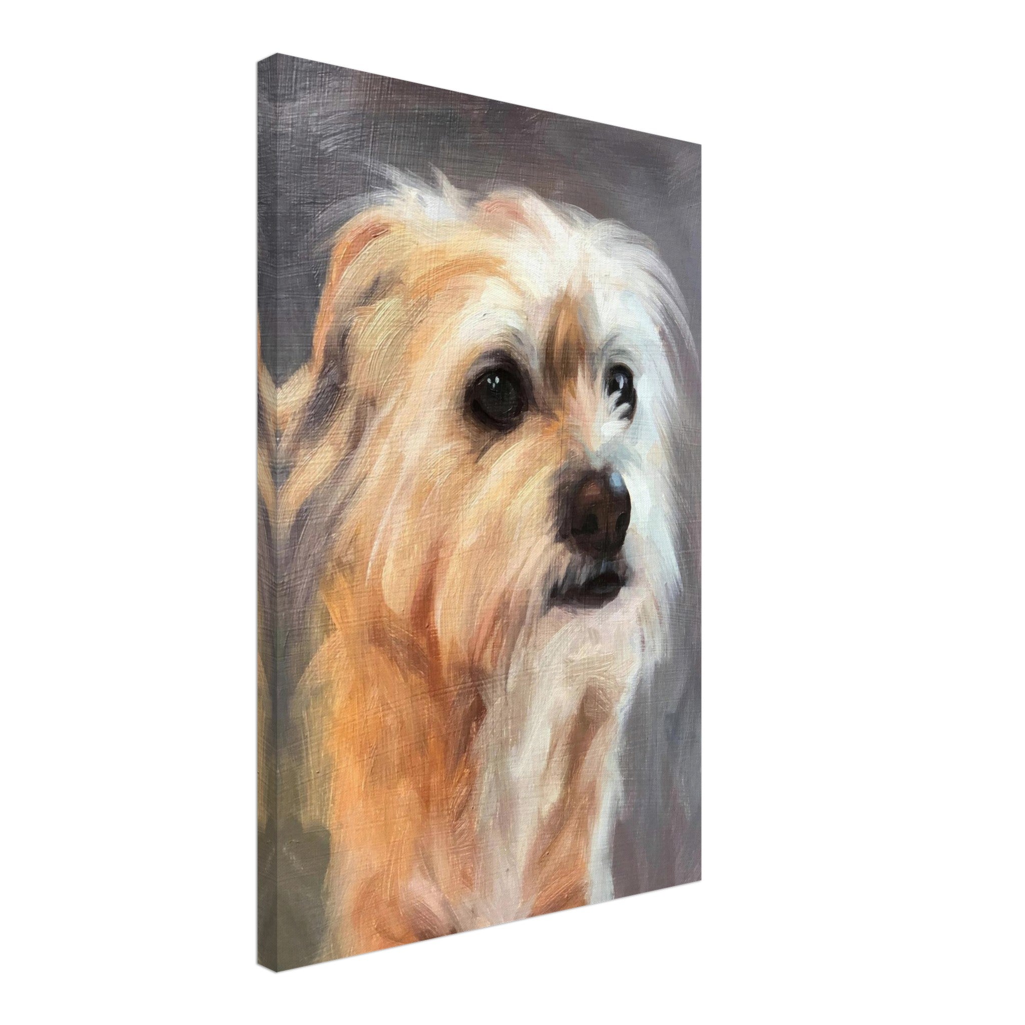Lifelike portrait of a terrier dog, showcasing its expressive eyes on a canvas print.