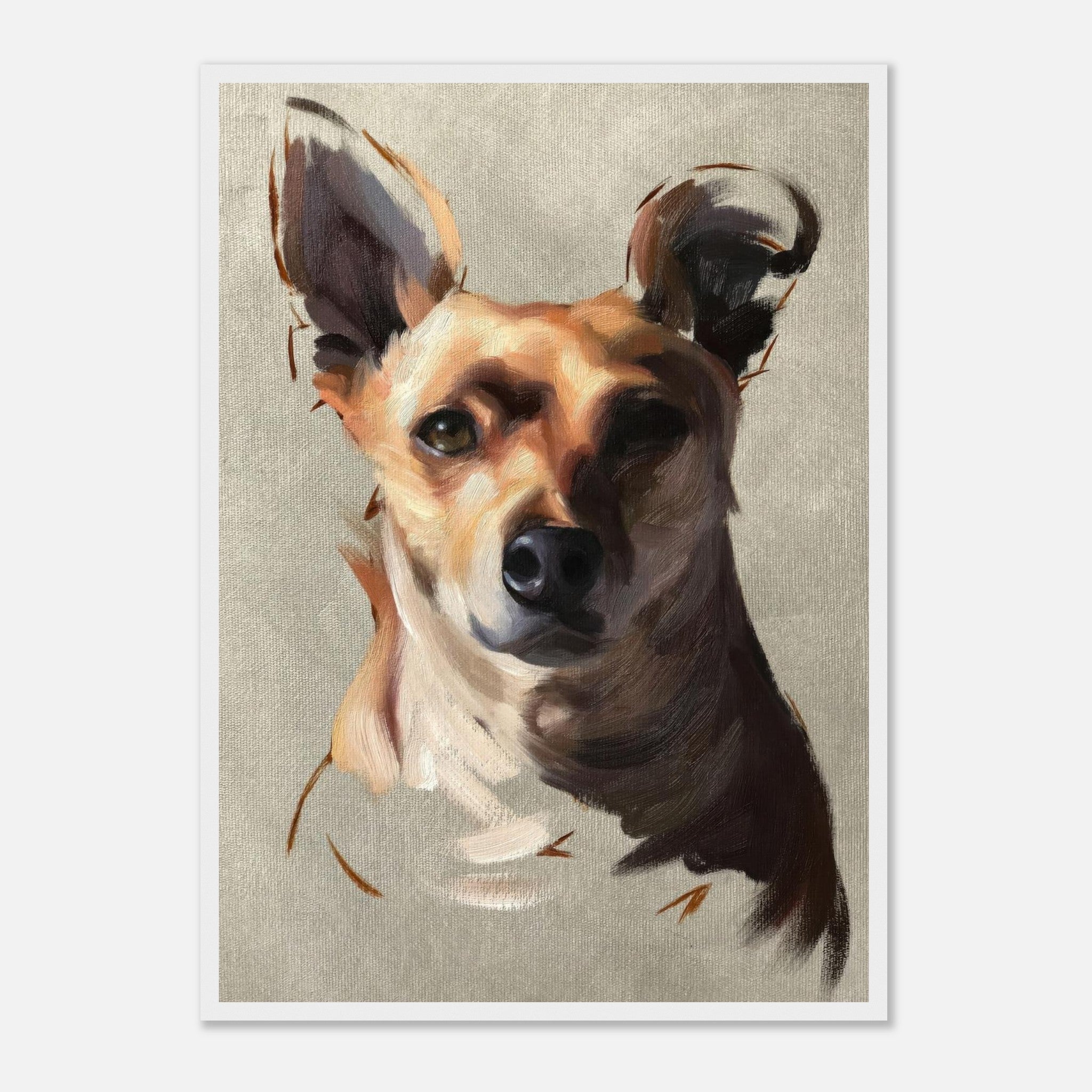 Framed print of a Chihuahua dog painting with expressive brushstrokes on a soft neutral background.