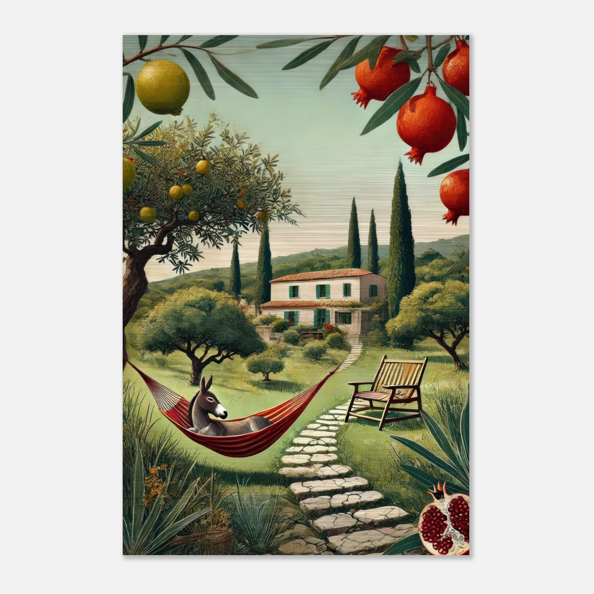 Brushed metal print of a Mediterranean rural landscape with olive trees, pomegranates, and a donkey in a hammock.
