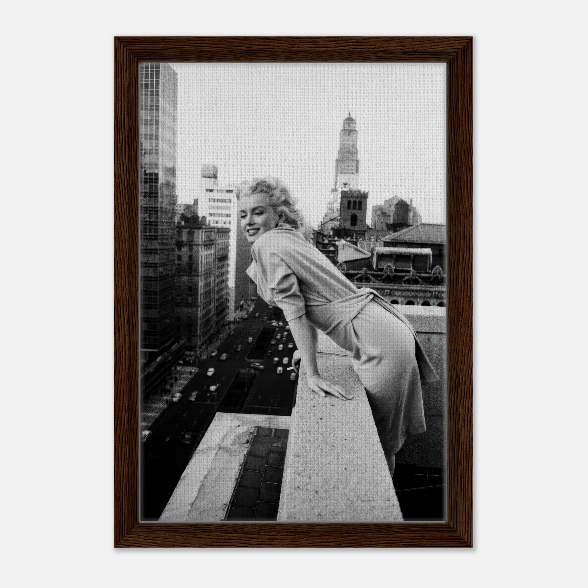 Marilyn Monroe on rooftops of New York, iconic black-and-white framed canvas art, elegant and stylish decor.