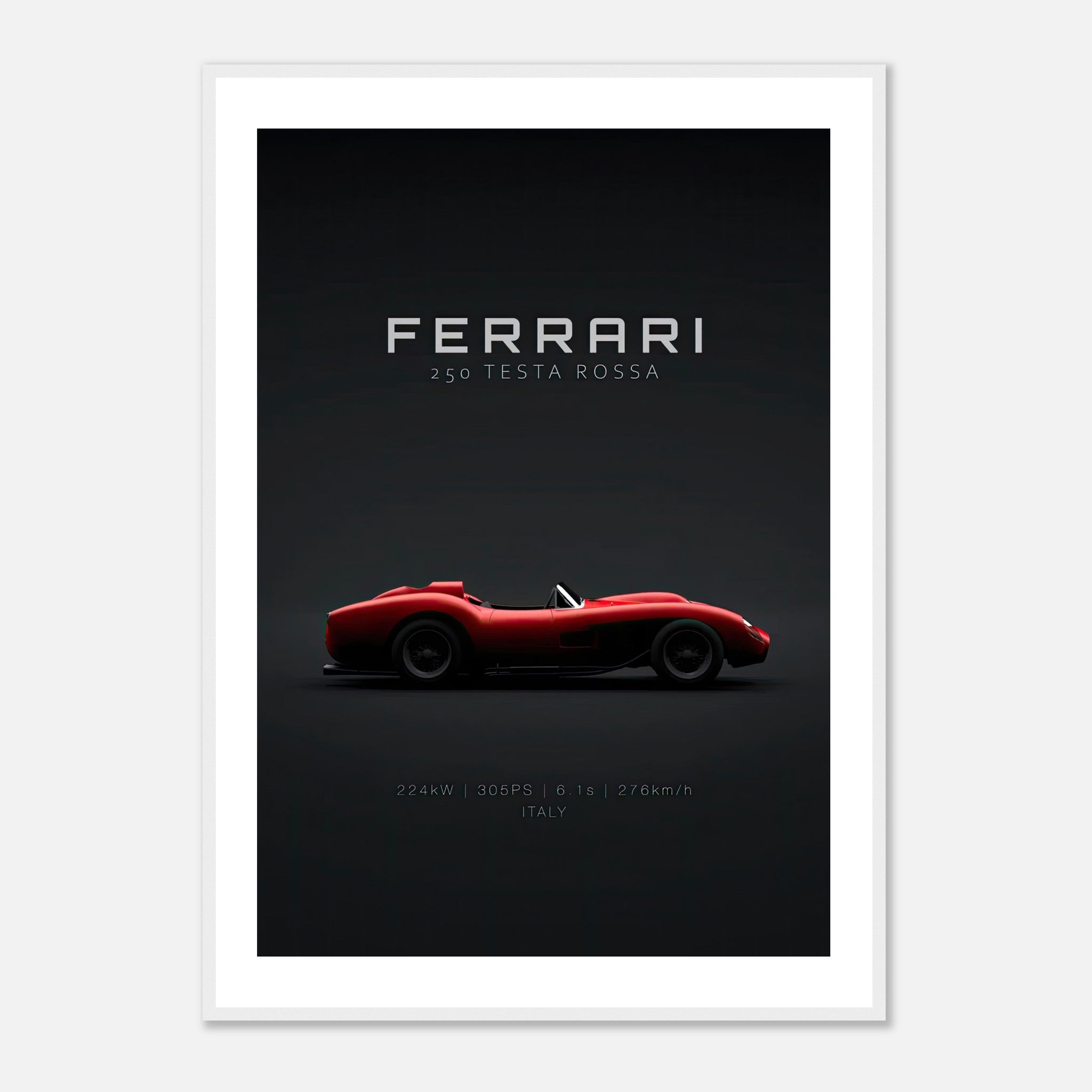 Ferrari 250 Testa Rossa framed poster showcasing sleek red sports car design on a minimalist black background.