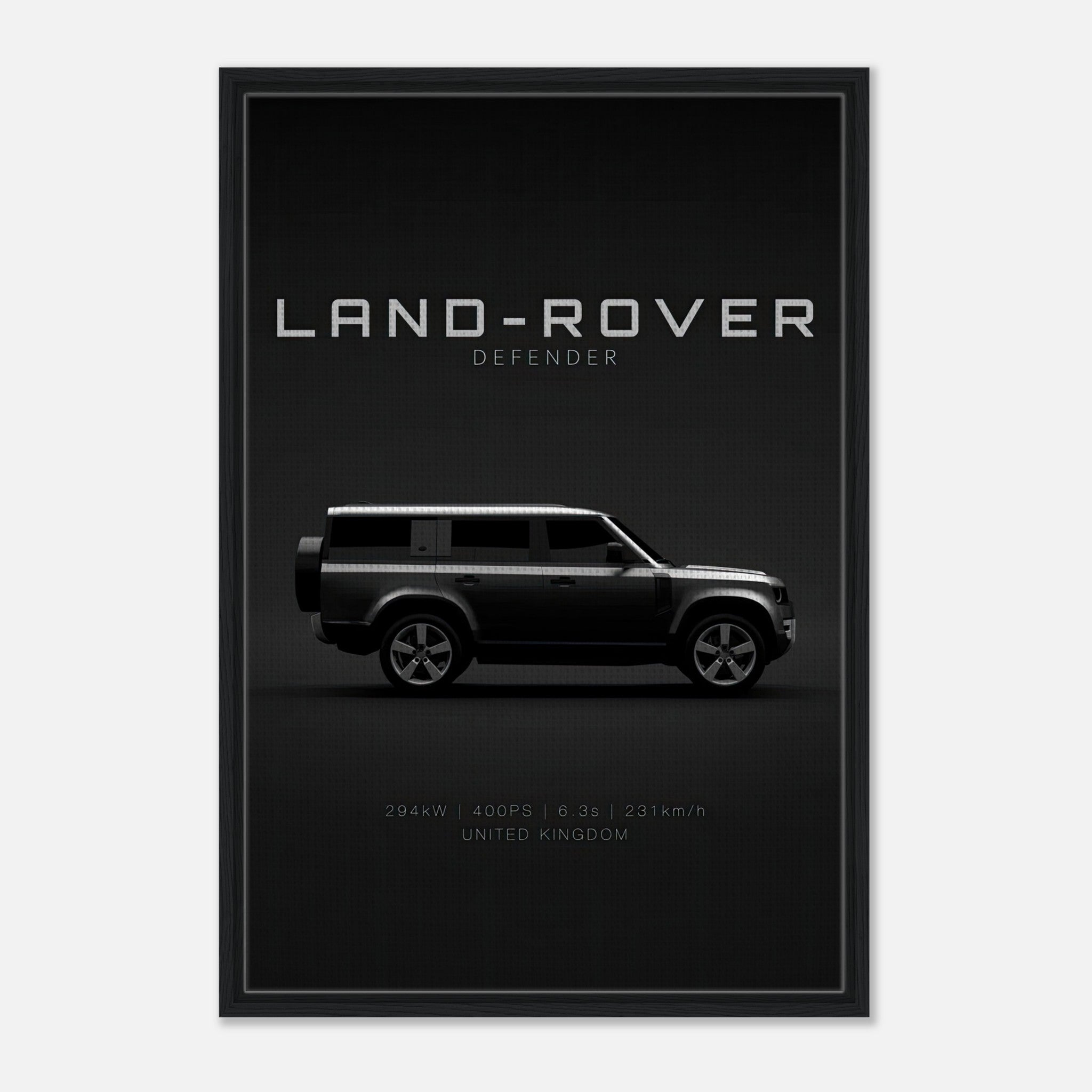 Land Rover Defender framed canvas print featuring a sleek side profile design against a black backdrop.