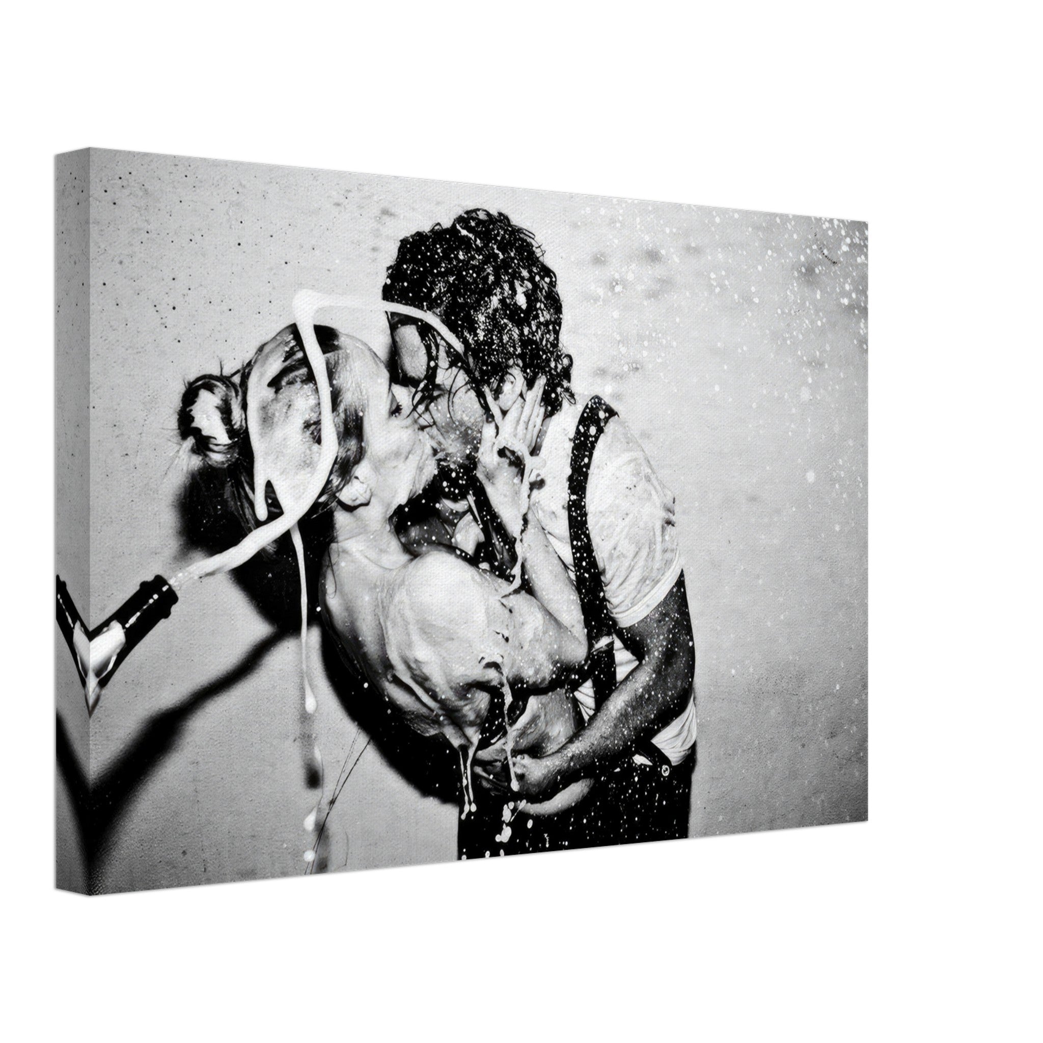 Black-and-white canvas print of Johnny Depp and Kate Moss sharing a passionate kiss, titled 'The Champagne Kiss'.
