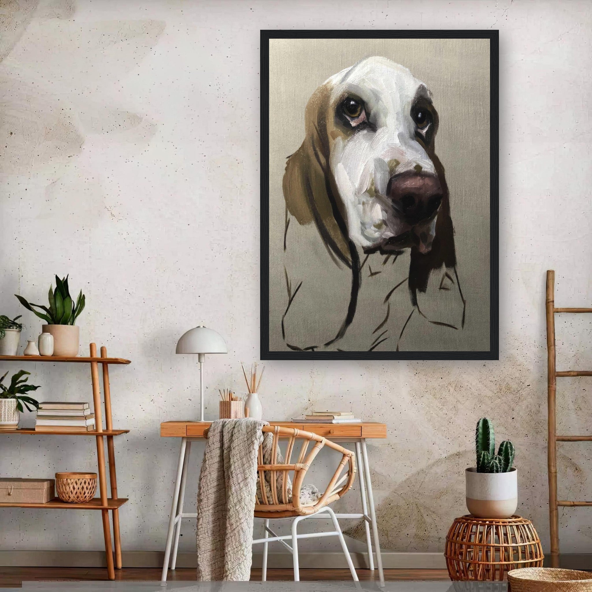 Basset Hound dog painting framed print displayed in a stylish home interior with modern decor.