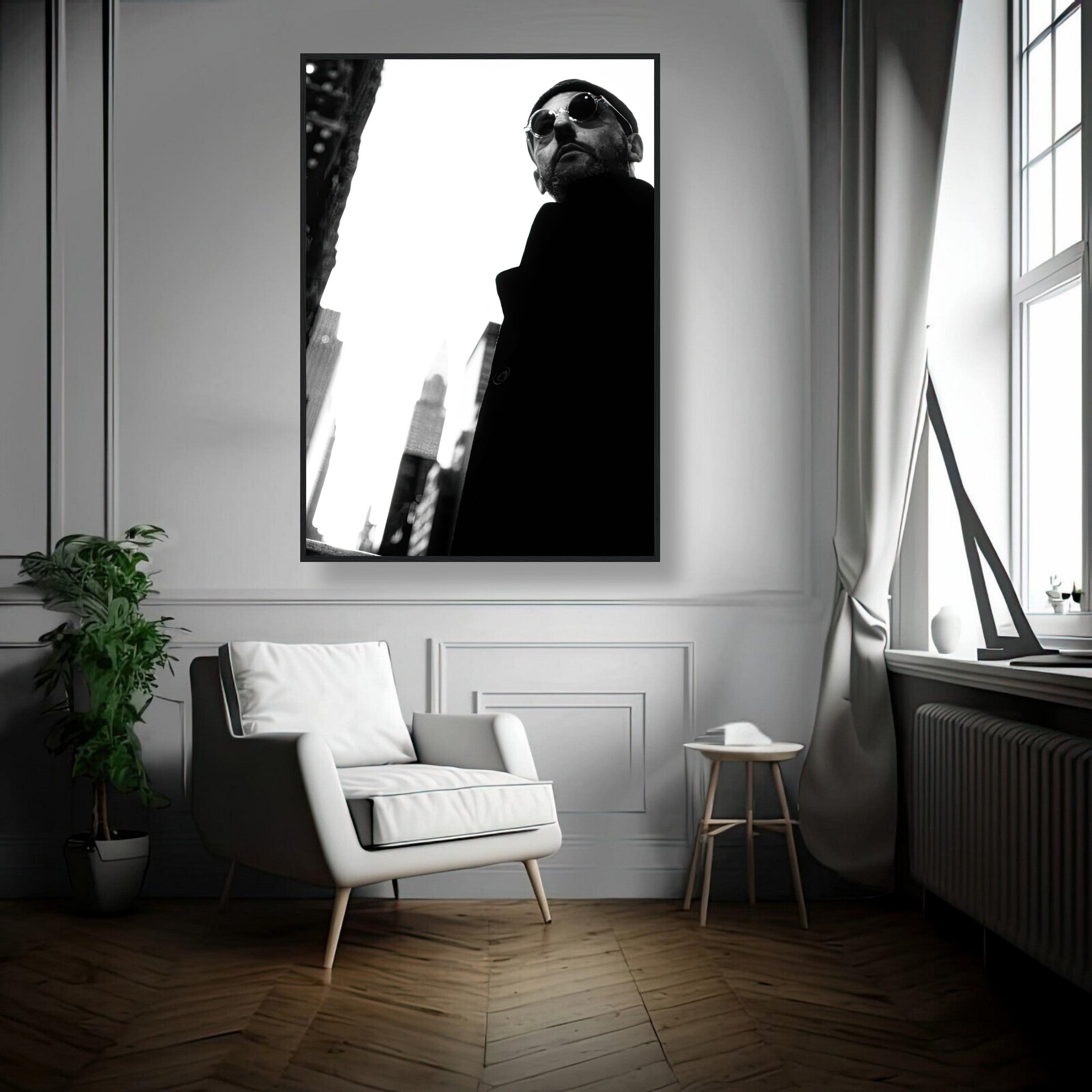 Leon Photography - Jean Reno Framed Print in stylish room showcasing black-and-white cinematic art.