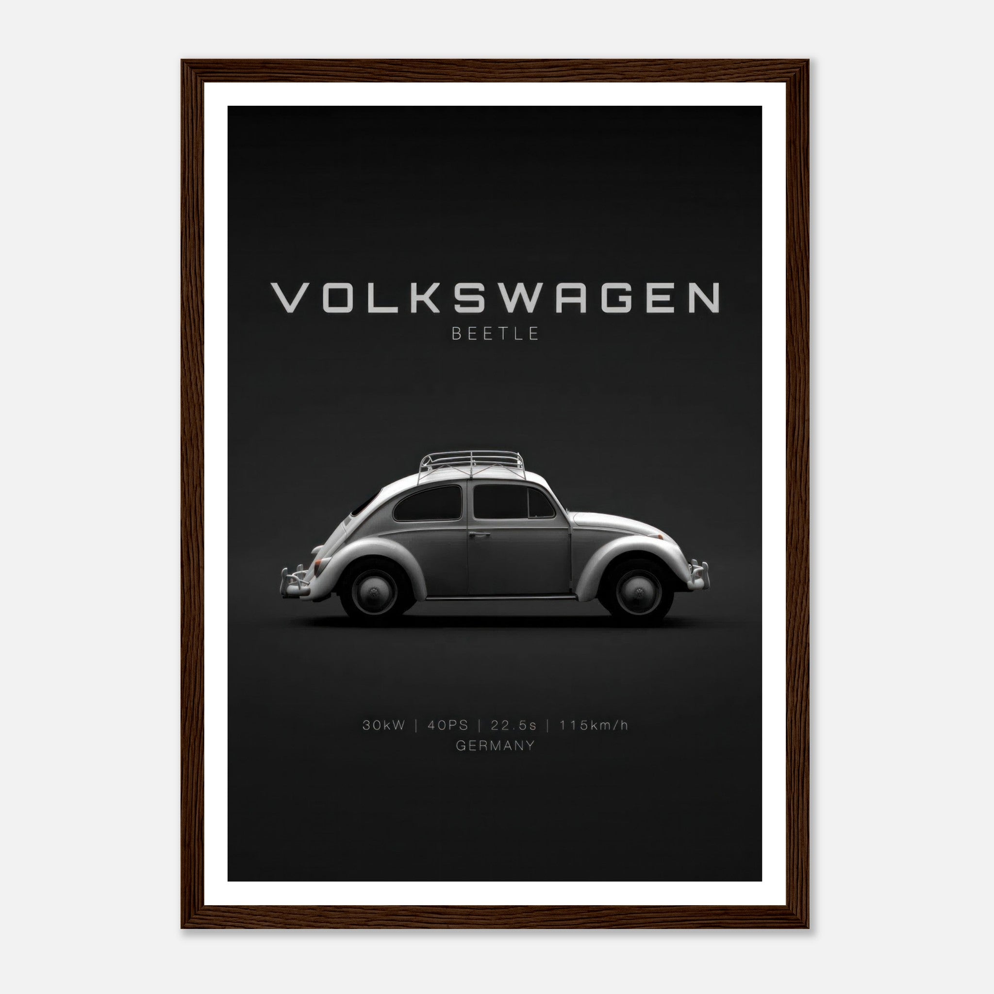 Framed poster of a Volkswagen Beetle with sleek side profile on a black background, showcasing vintage automotive design.