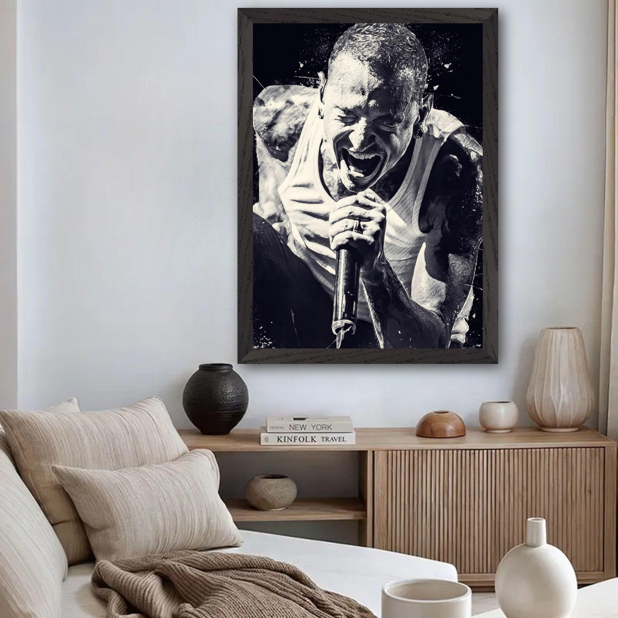 Vintage framed print of Chester Bennington singing passionately, perfect for music lovers and rock enthusiasts.