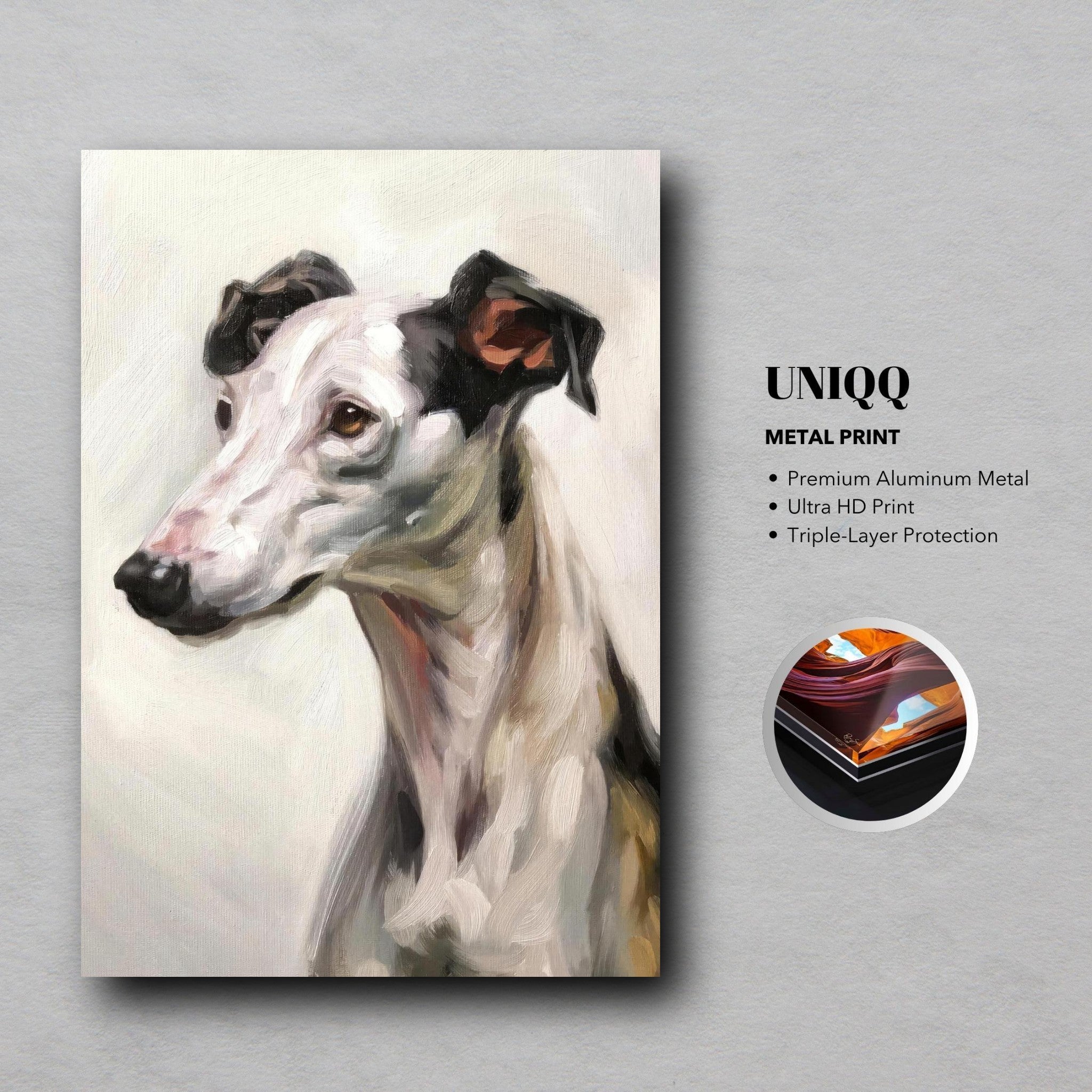 Greyhound dog painting metal print showcasing a detailed portrait on premium aluminum, perfect for modern decor.