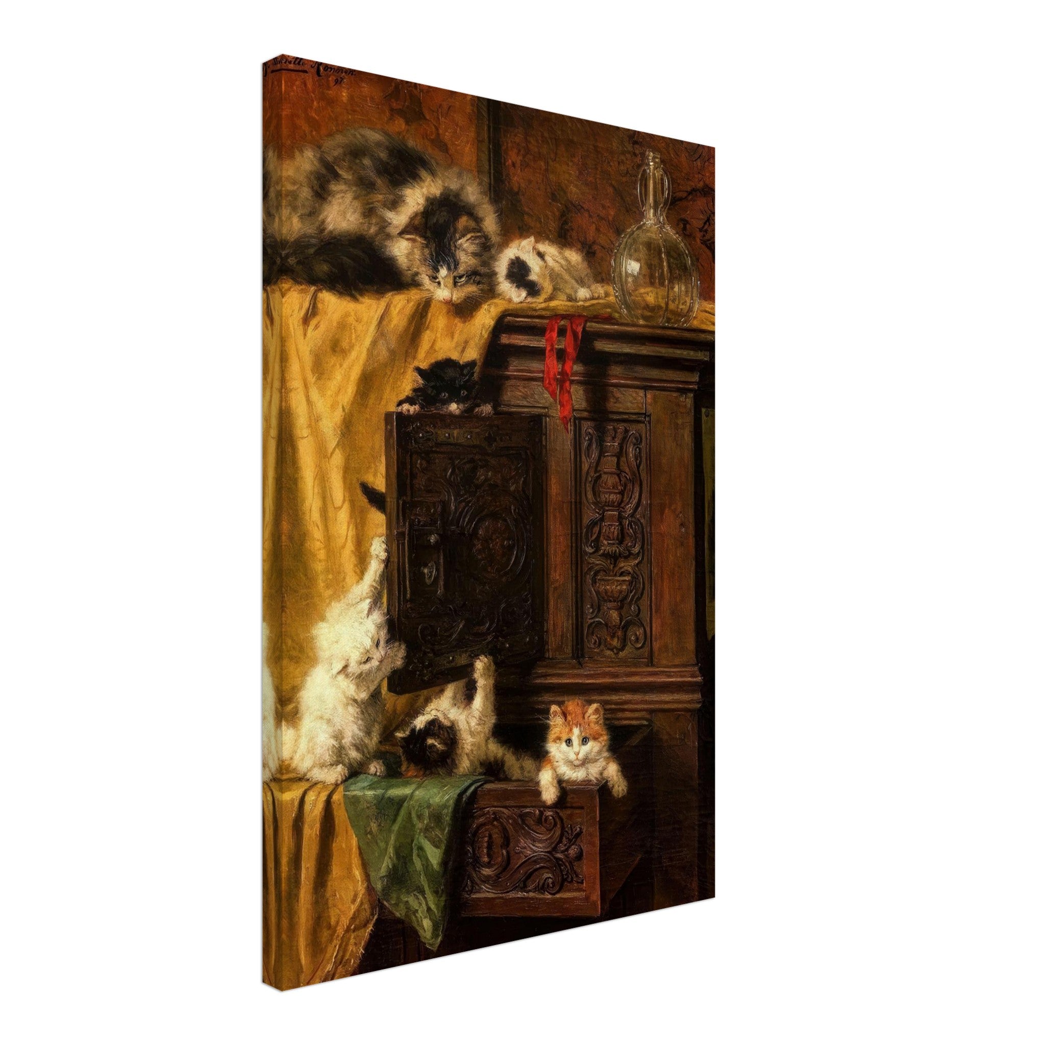 Vintage cat painting canvas print featuring playful kittens exploring a wooden cabinet, rich warm tones.