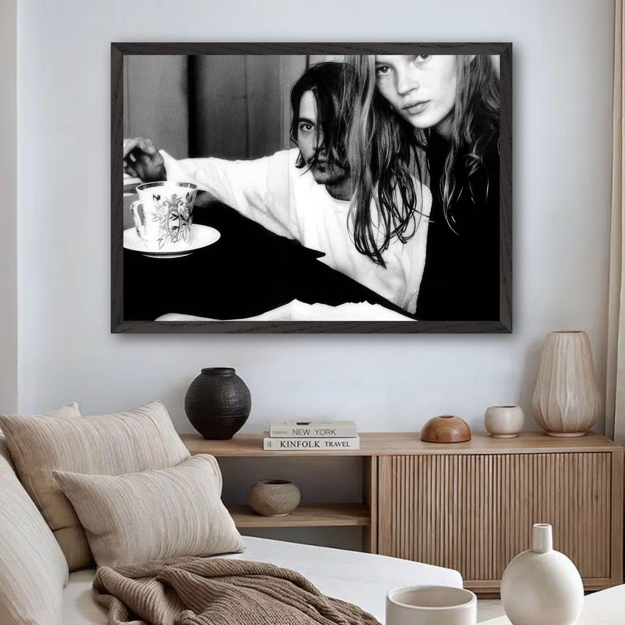 Black-and-white fine art print of Johnny Depp and Kate Moss capturing 90s romance and rebellion.
