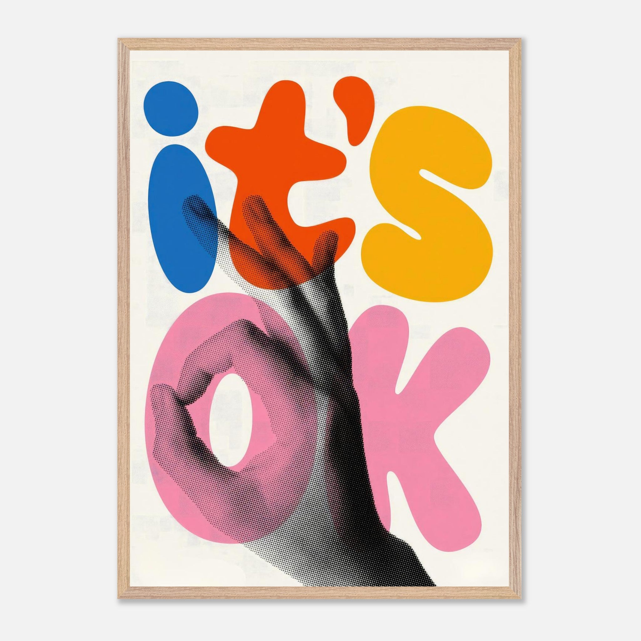 Retro abstract pop art print 'It's Ok' featuring vibrant colors and a hand gesture, framed and museum quality.