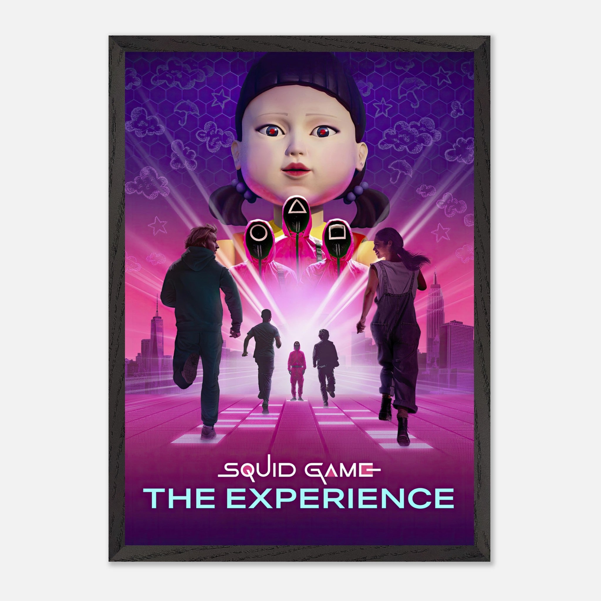 Squid Game Season 2 fine art print featuring iconic doll and masked figures in vibrant colors and thrilling imagery.