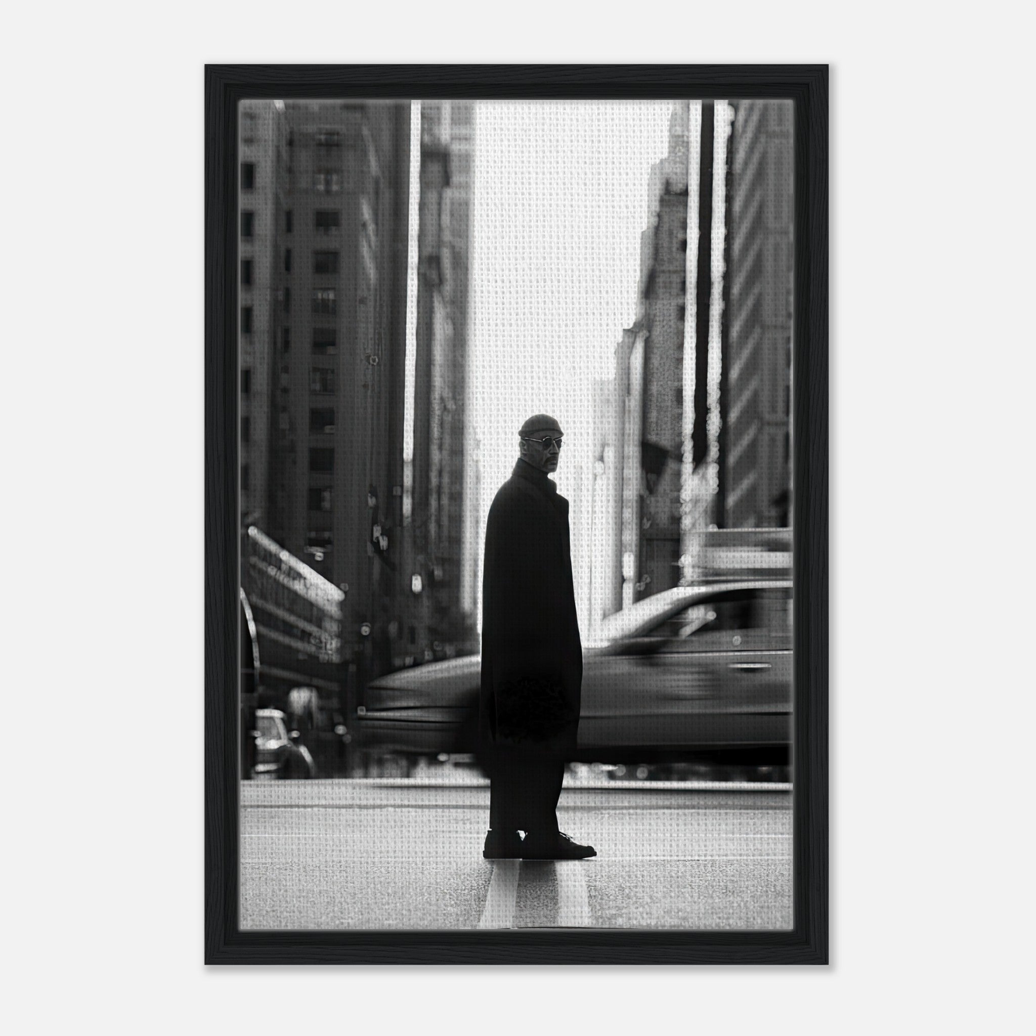 Jean Reno as Leon in New York, black-and-white framed canvas art, capturing urban sophistication.