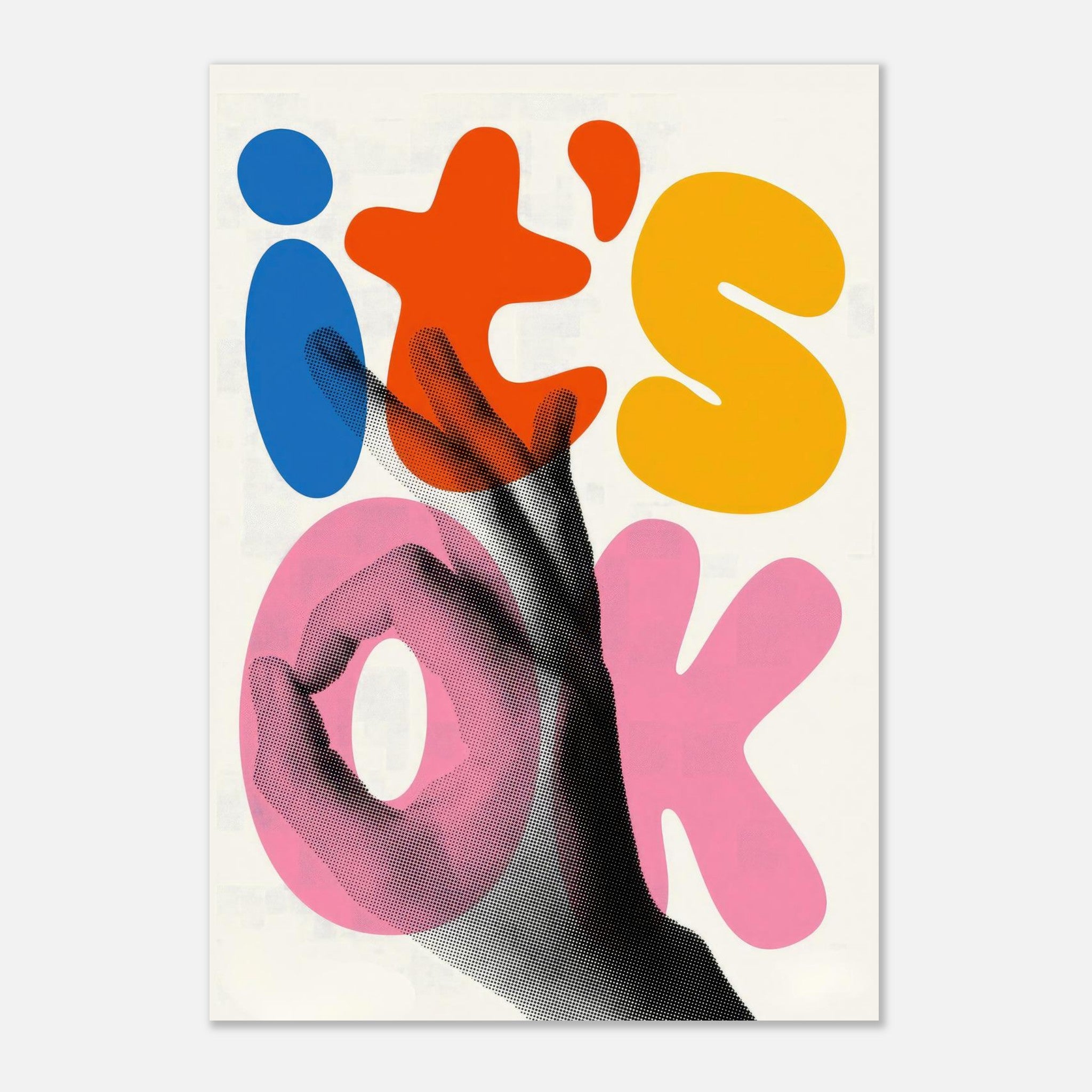 Retro abstract pop art metal print featuring vibrant colors and playful typography with the phrase 'it's OK'.
