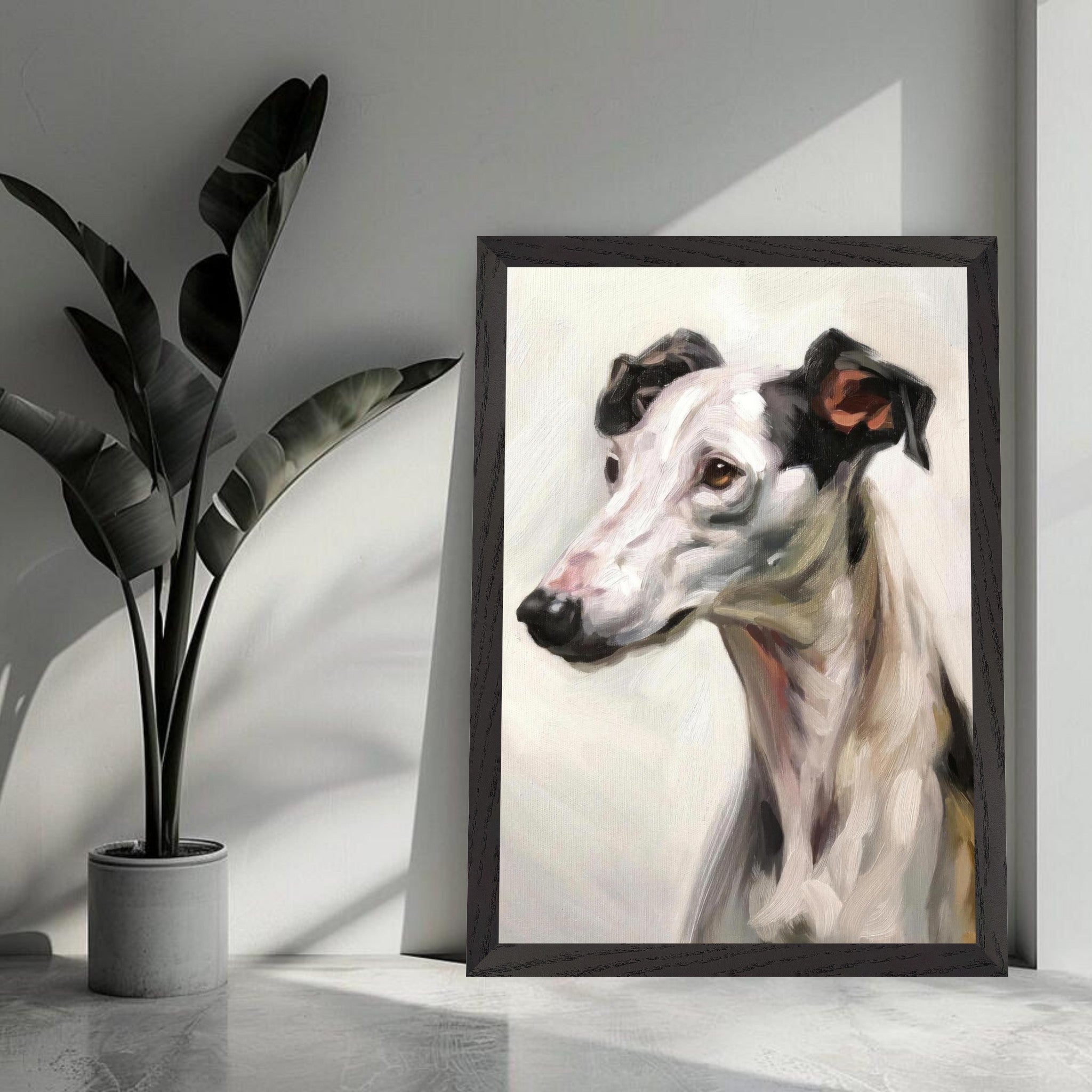 Framed painting of a greyhound dog showcasing its elegance and charm in a modern living space.