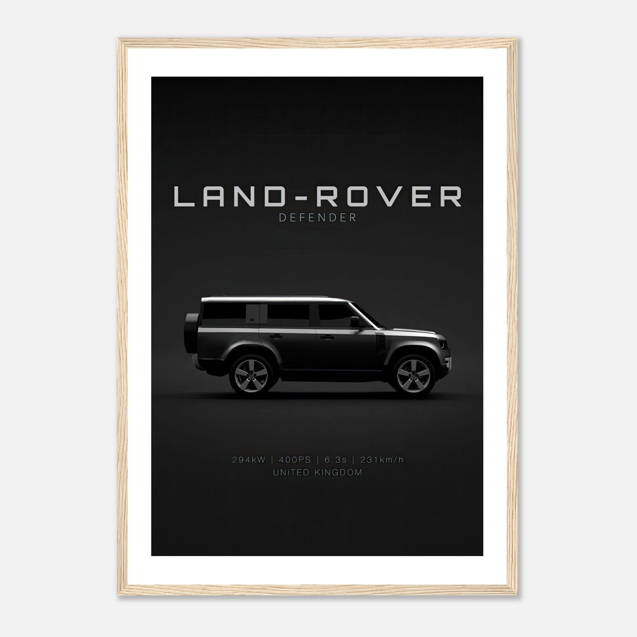 Framed print of Land Rover Defender showcasing sleek design and elegant profile, perfect for automotive enthusiasts.