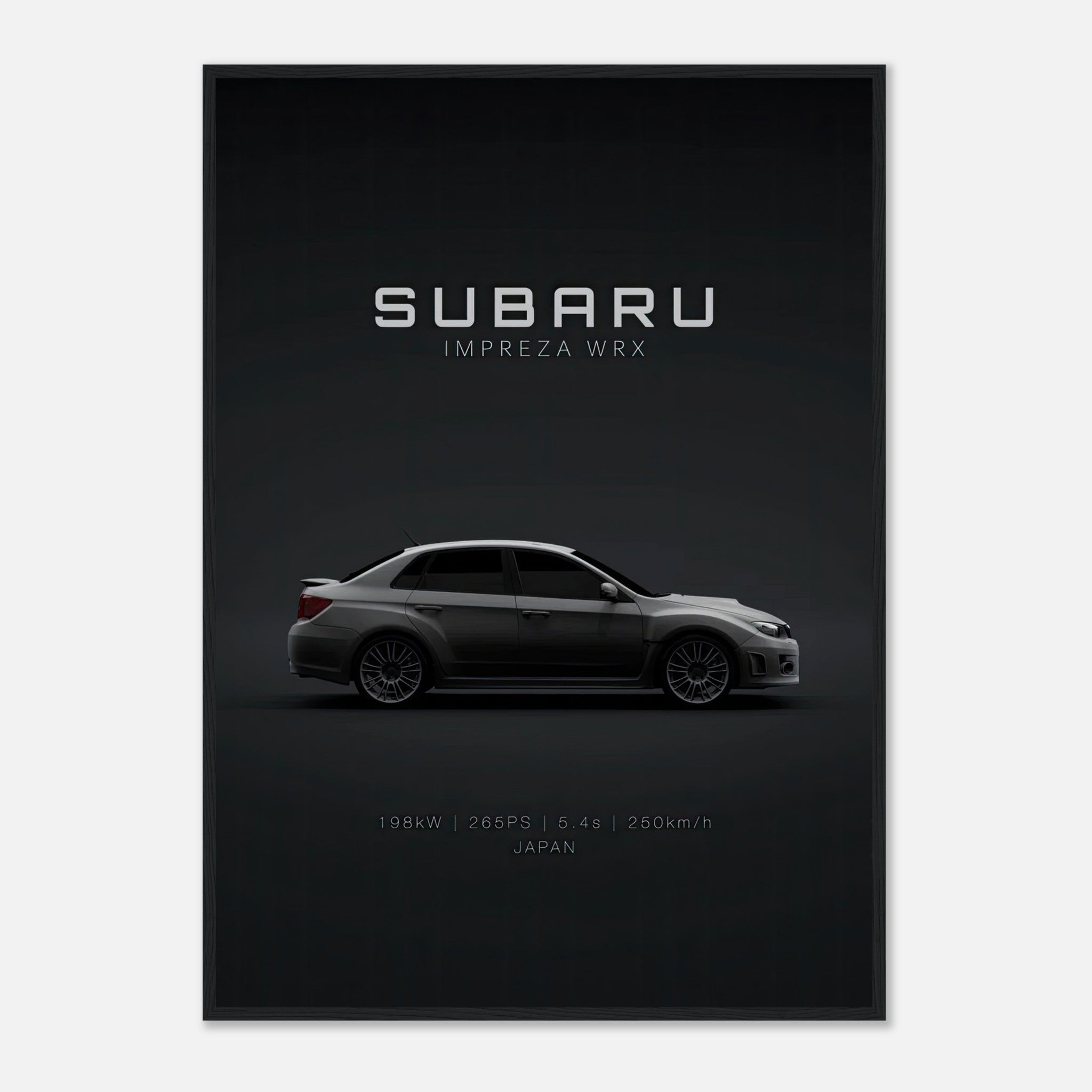 Subaru WRX framed poster featuring a side view of the car with details on performance and design.