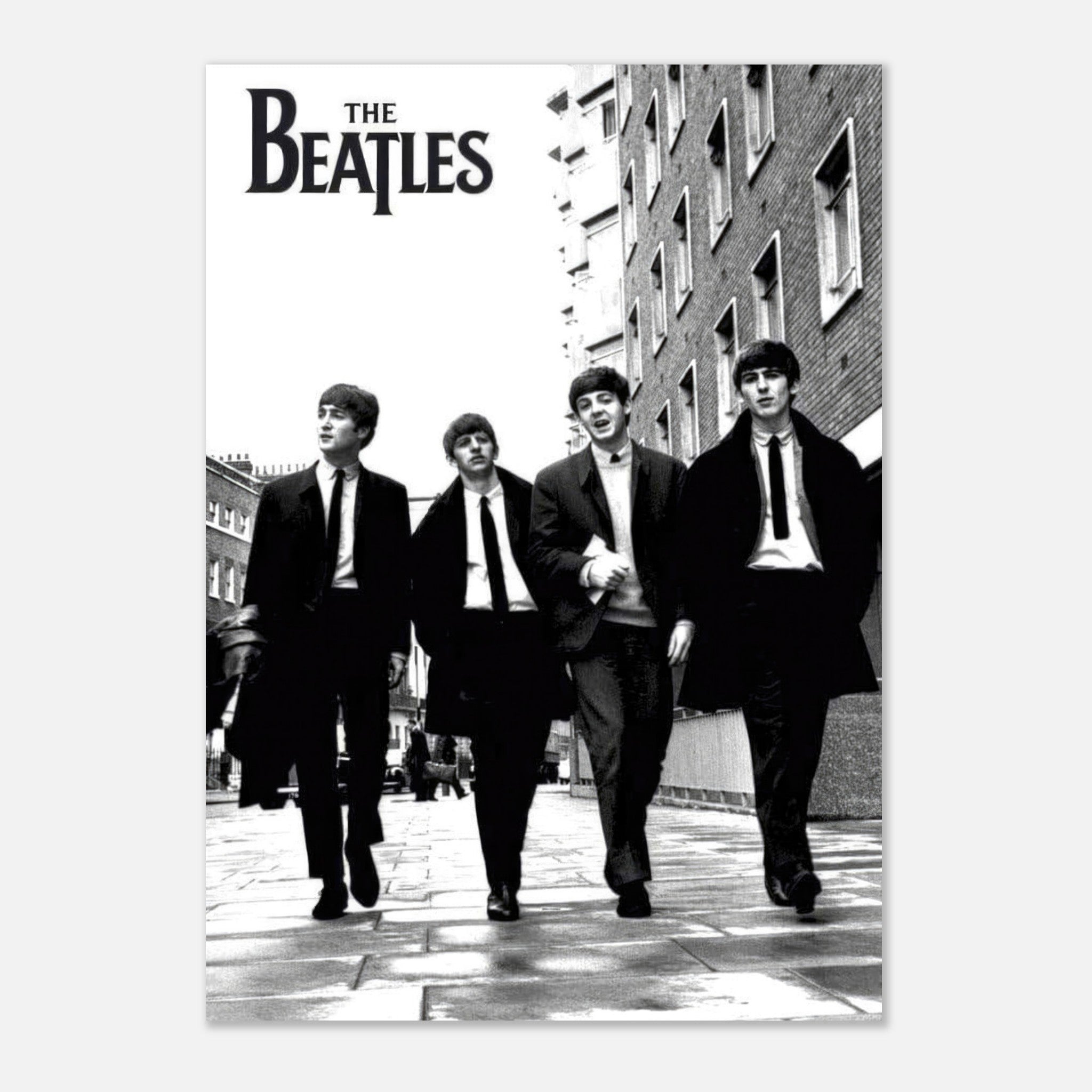 The Beatles cover poster featuring the iconic band walking in black and white, perfect for music fans.