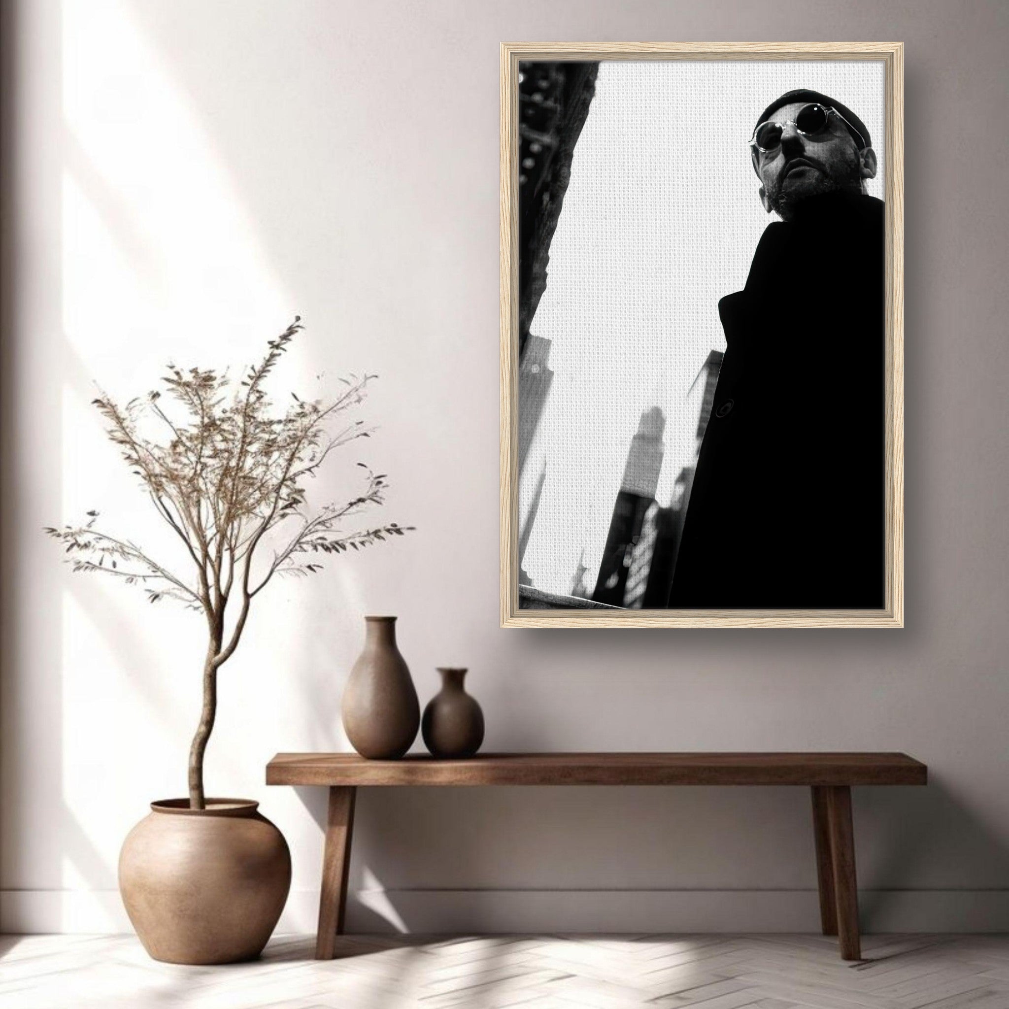 Black-and-white framed canvas print of Jean Reno, showcasing urban sophistication in stylish home decor.