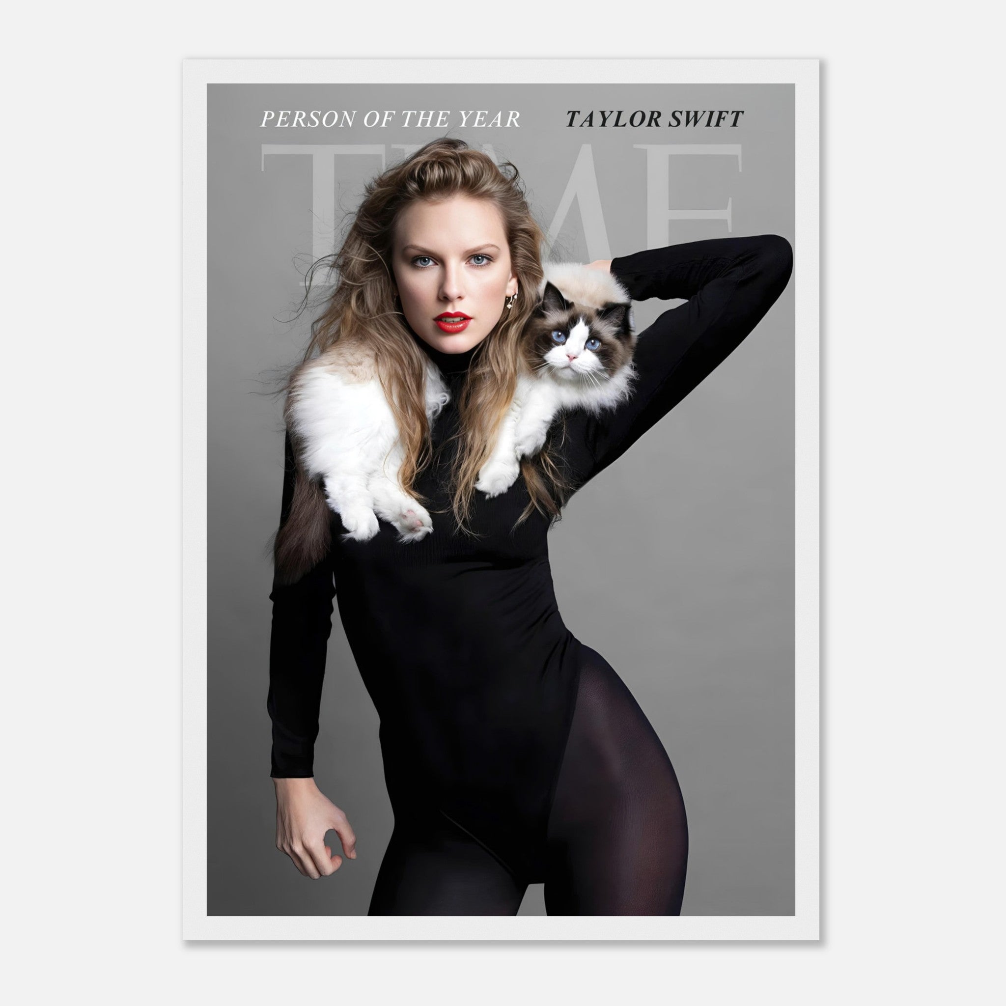 Taylor Swift Time Magazine framed print featuring her as Person of the Year alongside a cat, stylish Black frame.