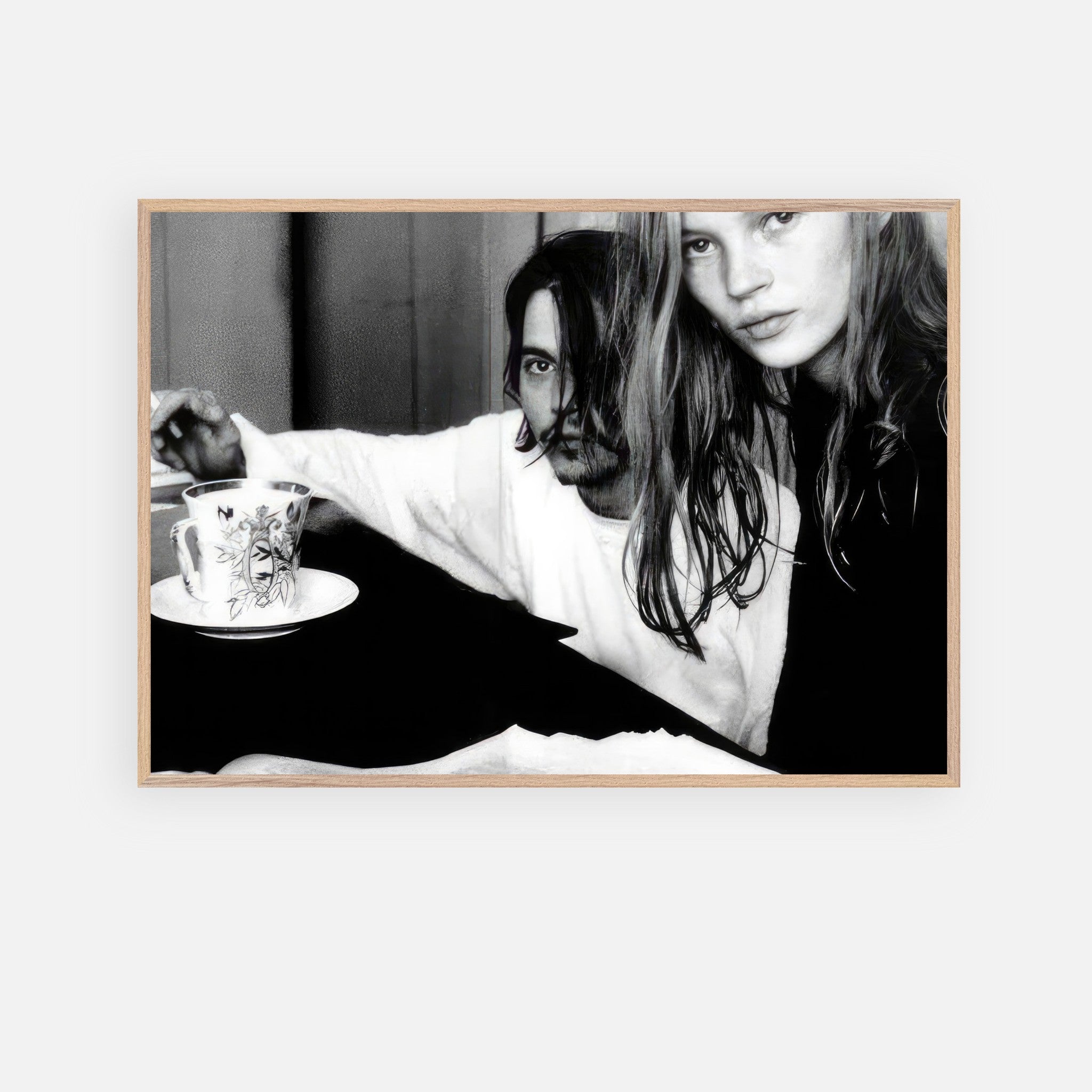 Black-and-white fine art print of Johnny Depp and Kate Moss capturing 90s rebellion and romance.