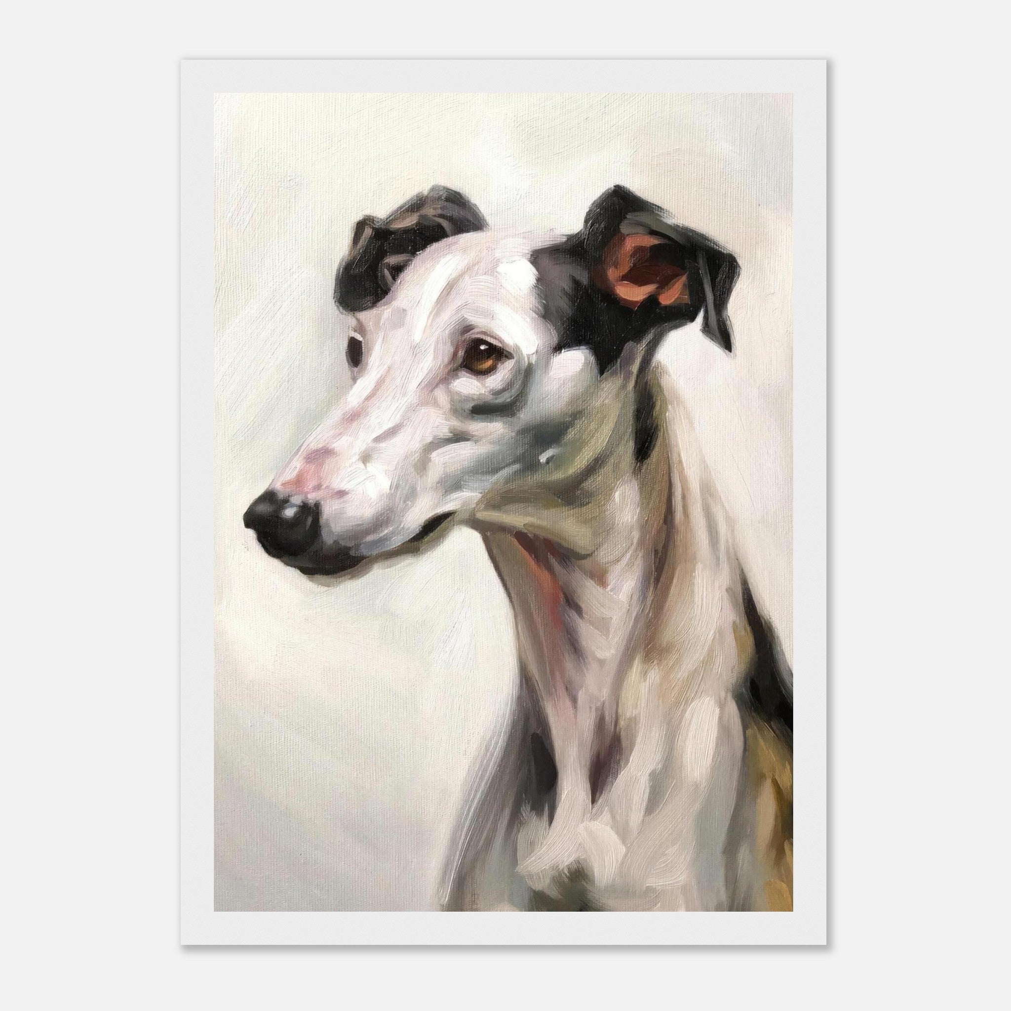Greyhound dog painting in framed print, showcasing the elegant features and gentle expression of the breed.