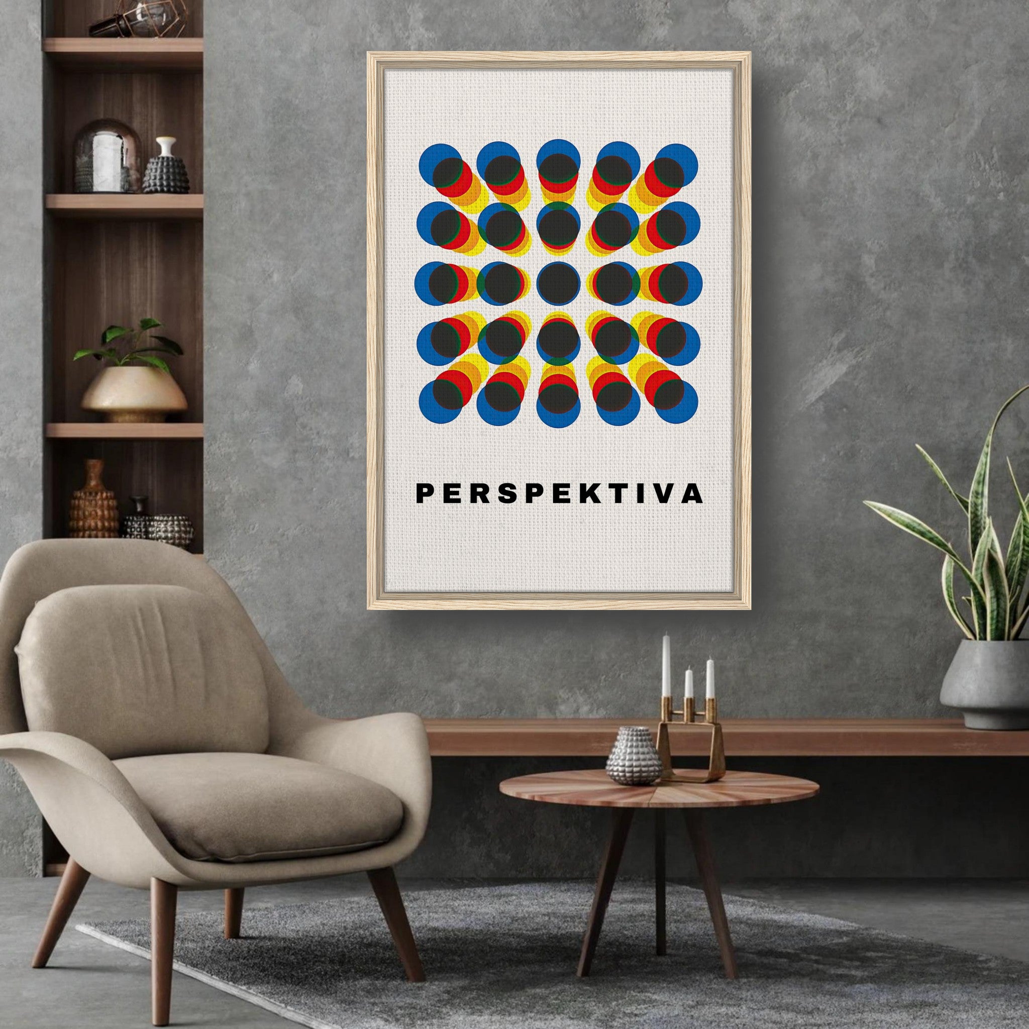 Framed Perspective Abstract Art canvas print with geometric pattern in blue, yellow, and red hues, displayed in a modern living room.