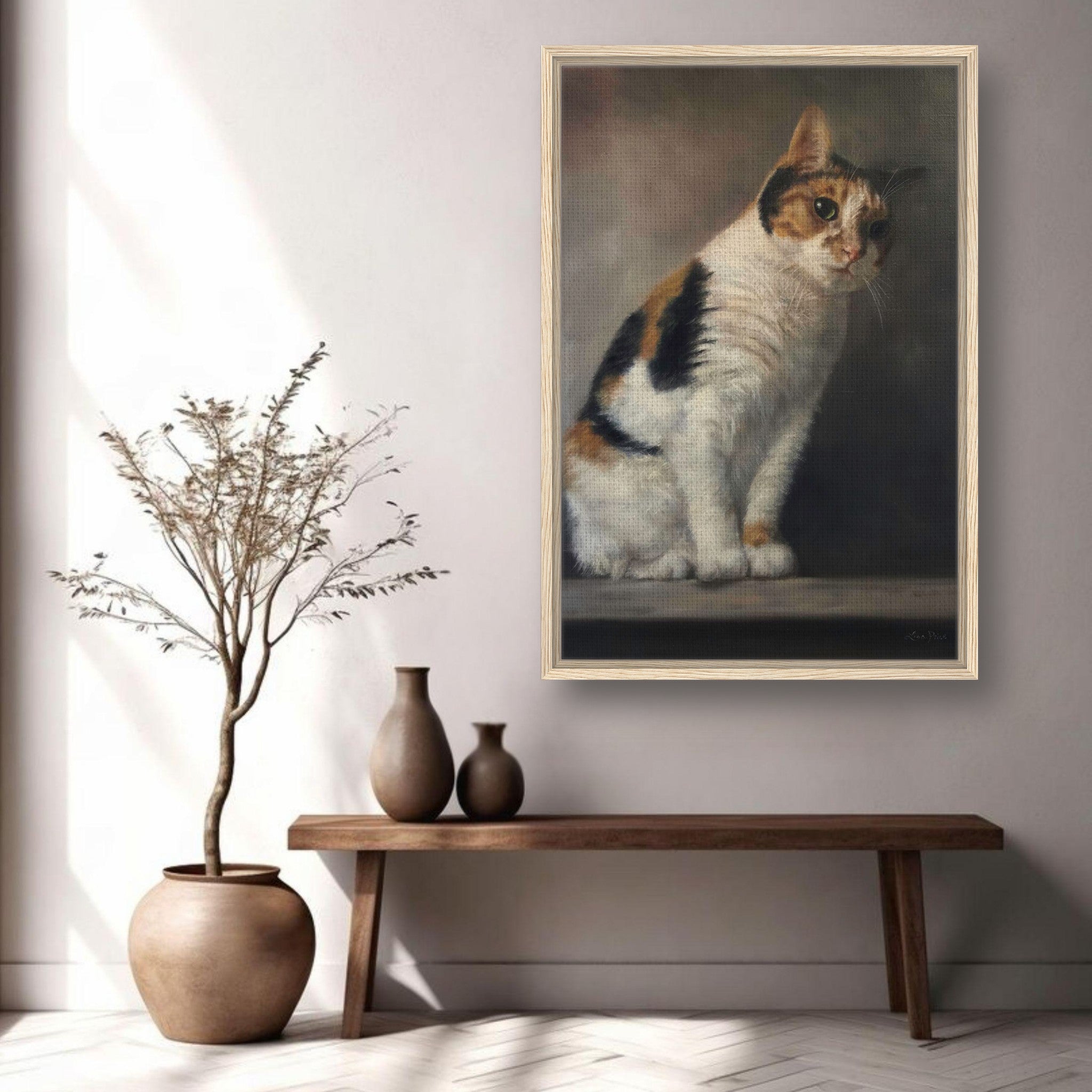 Realistic cat portrait painting framed canvas print displayed in a modern living room with decorative vases.
