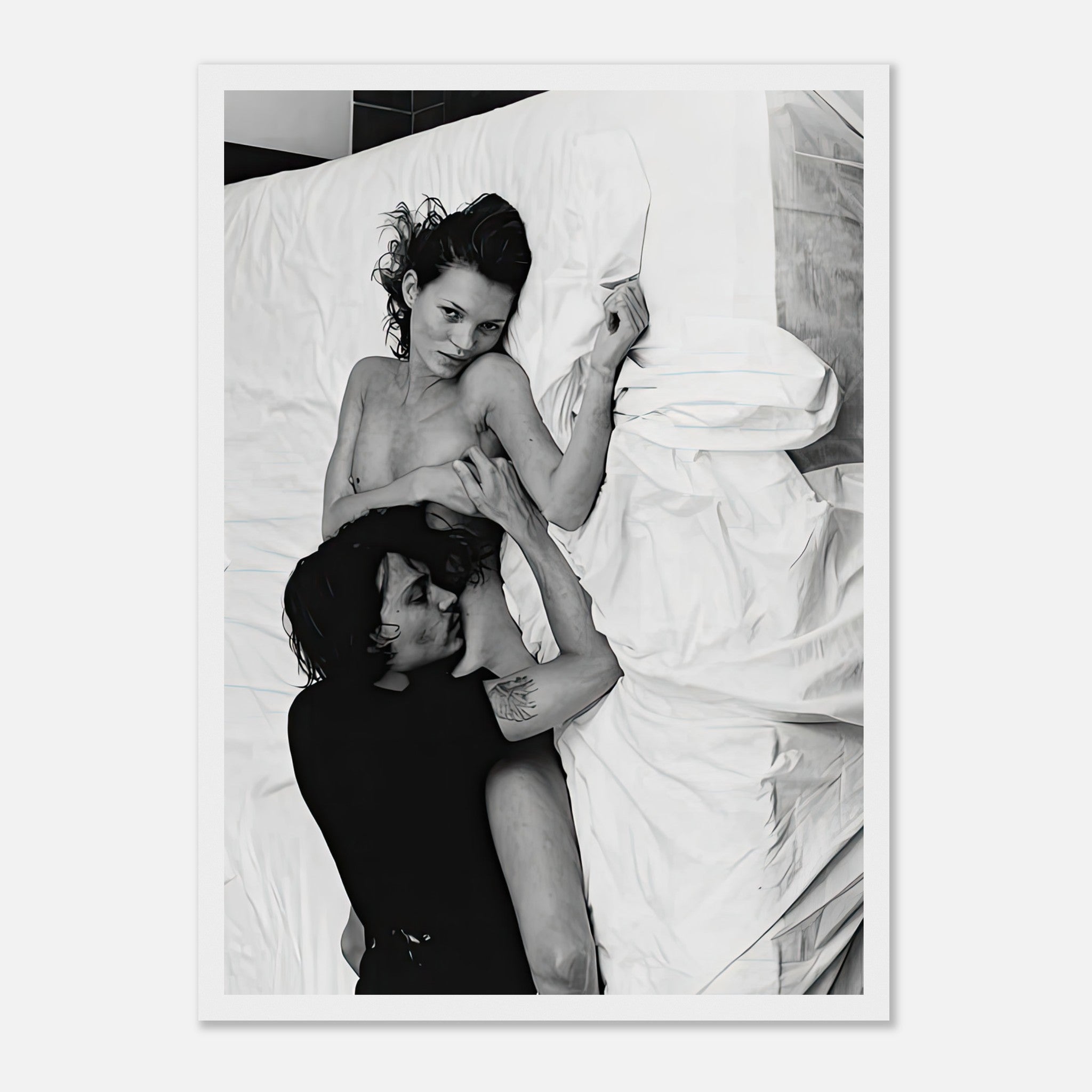 Black-and-white framed print of Kate Moss and Johnny Depp, 1994, capturing iconic pop culture in New York.