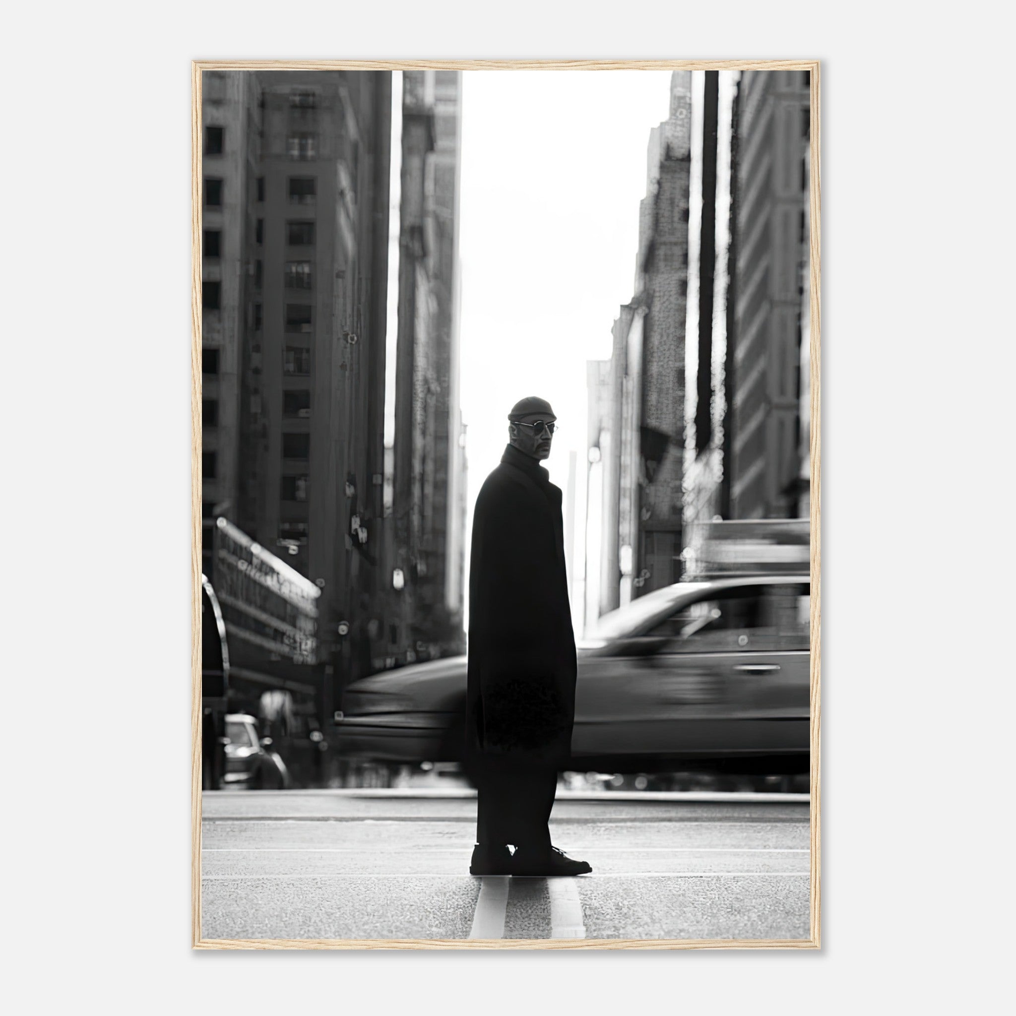 Jean Reno as Leon in a black-and-white framed print, standing in New York's bustling streets.