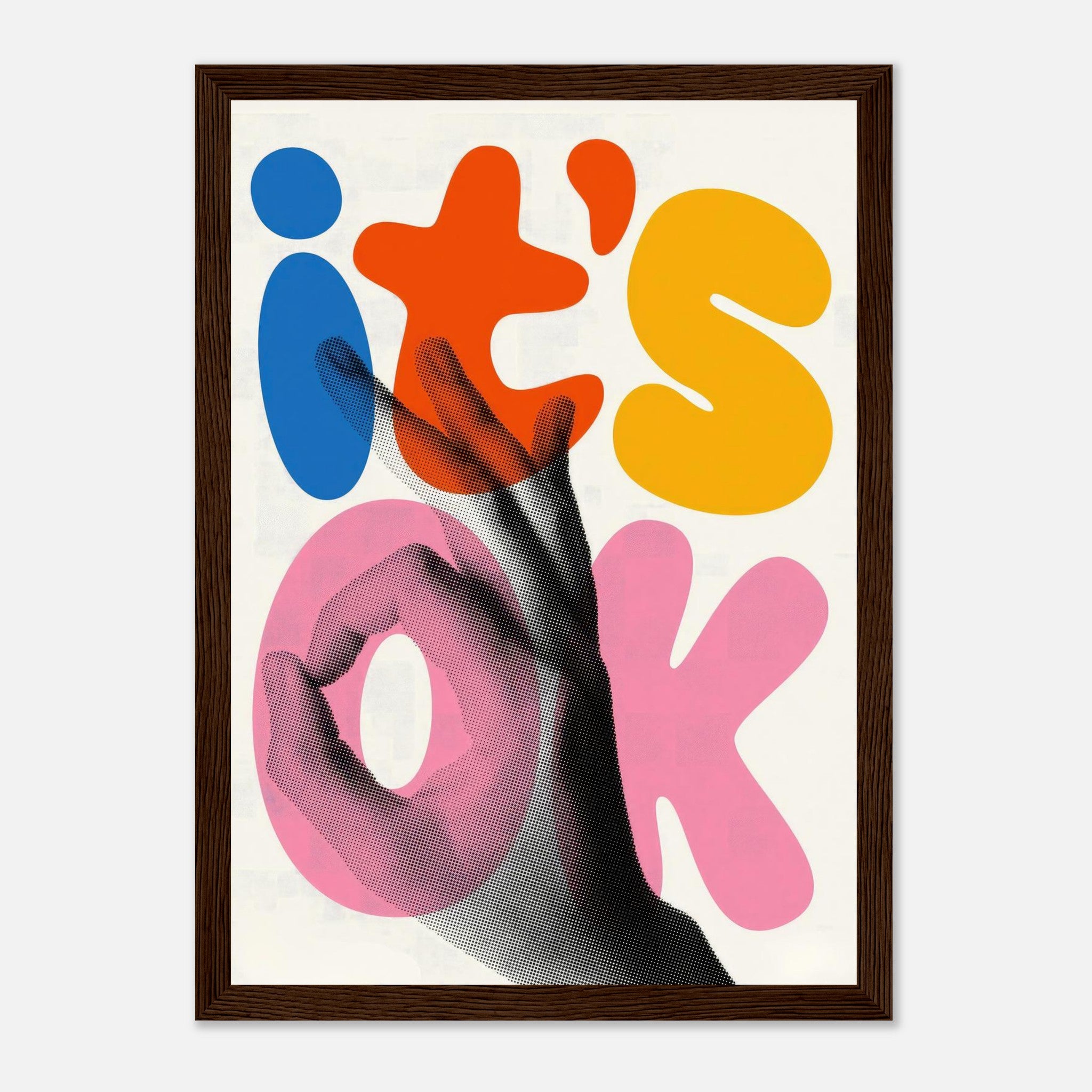 Retro abstract pop art framed print featuring colorful hand gesture and bold text 'It's OK'.
