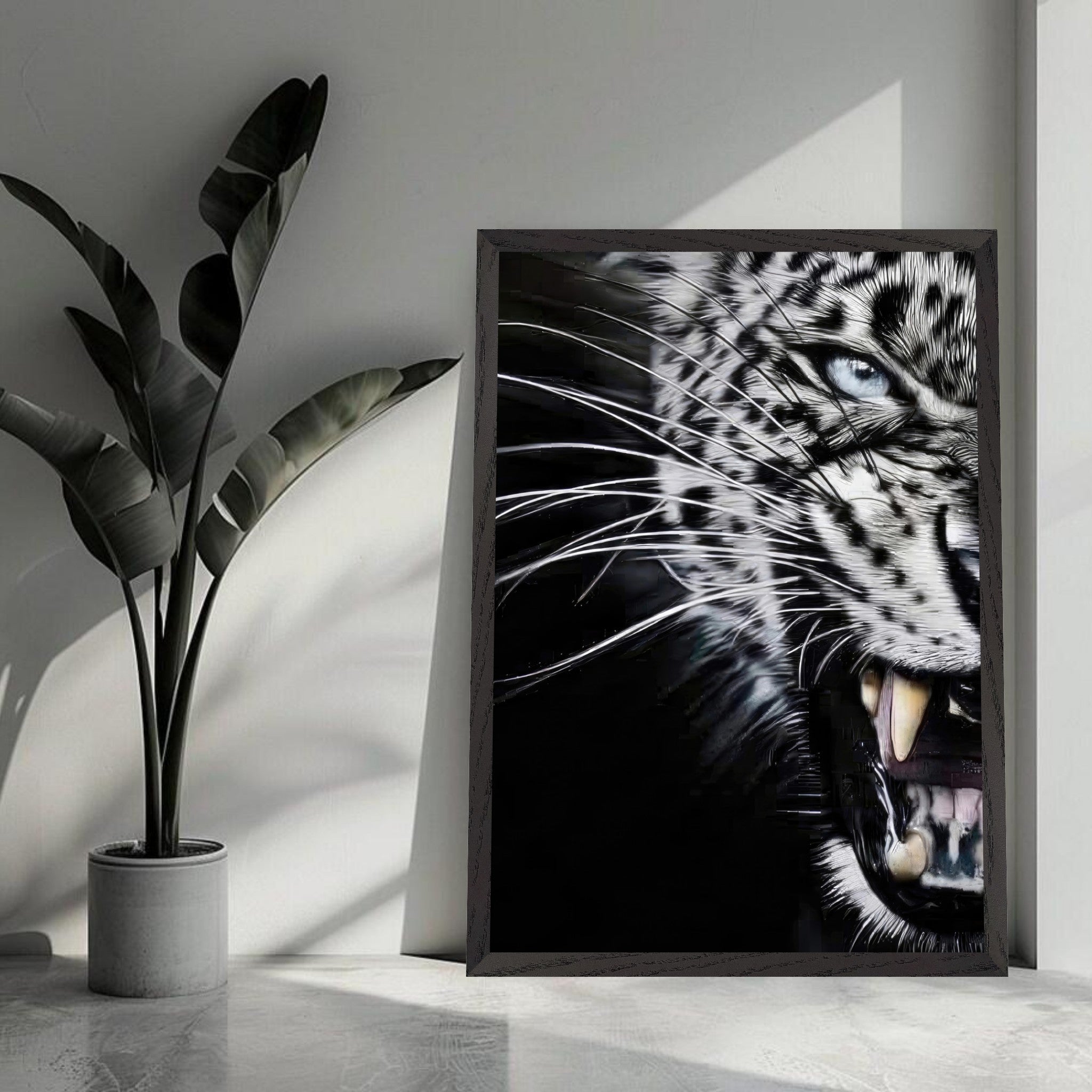 Leopard close-up portrait in a modern setting, showcasing fine art with intense detail and striking colors.