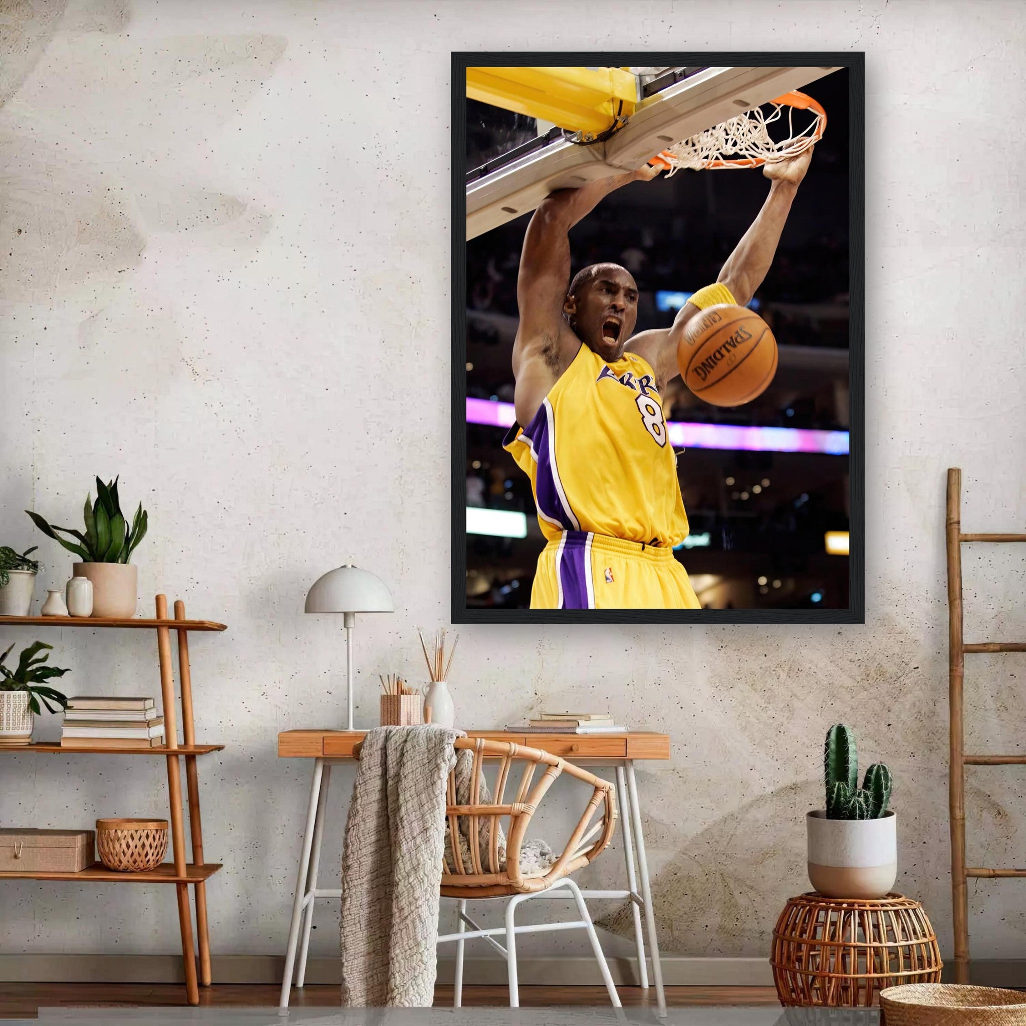 Kobe Bryant's iconic slam dunk framed print, showcasing his athleticism in Lakers colors.
