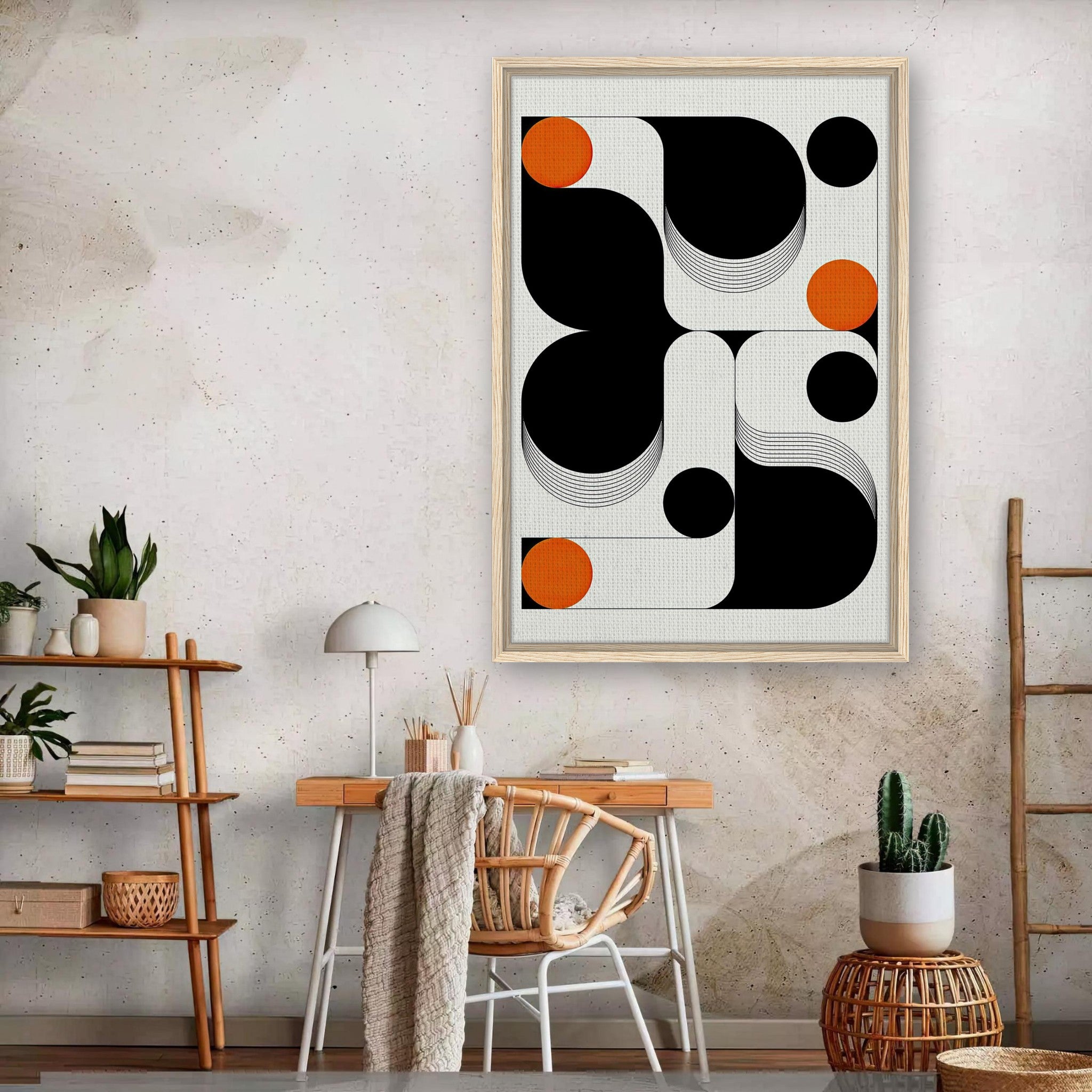 Framed Modern Geometric Abstract Art print featuring black, white, and orange shapes on a textured background.