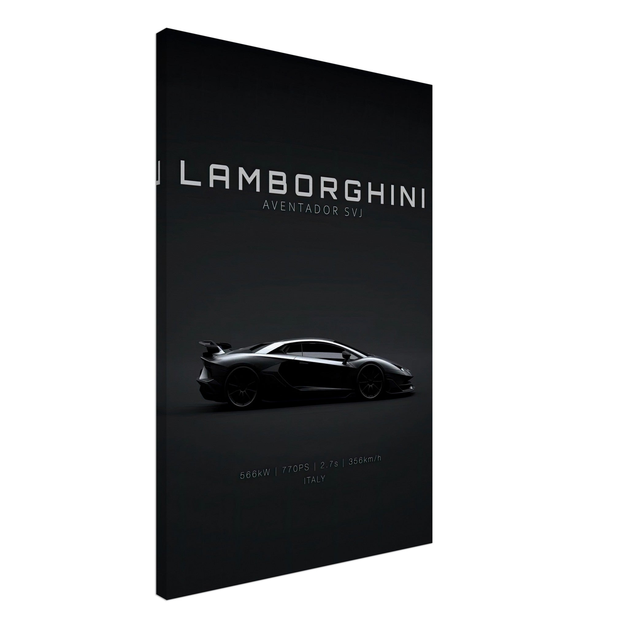 Lamborghini Aventador SVJ canvas art featuring sleek car silhouette against black background.