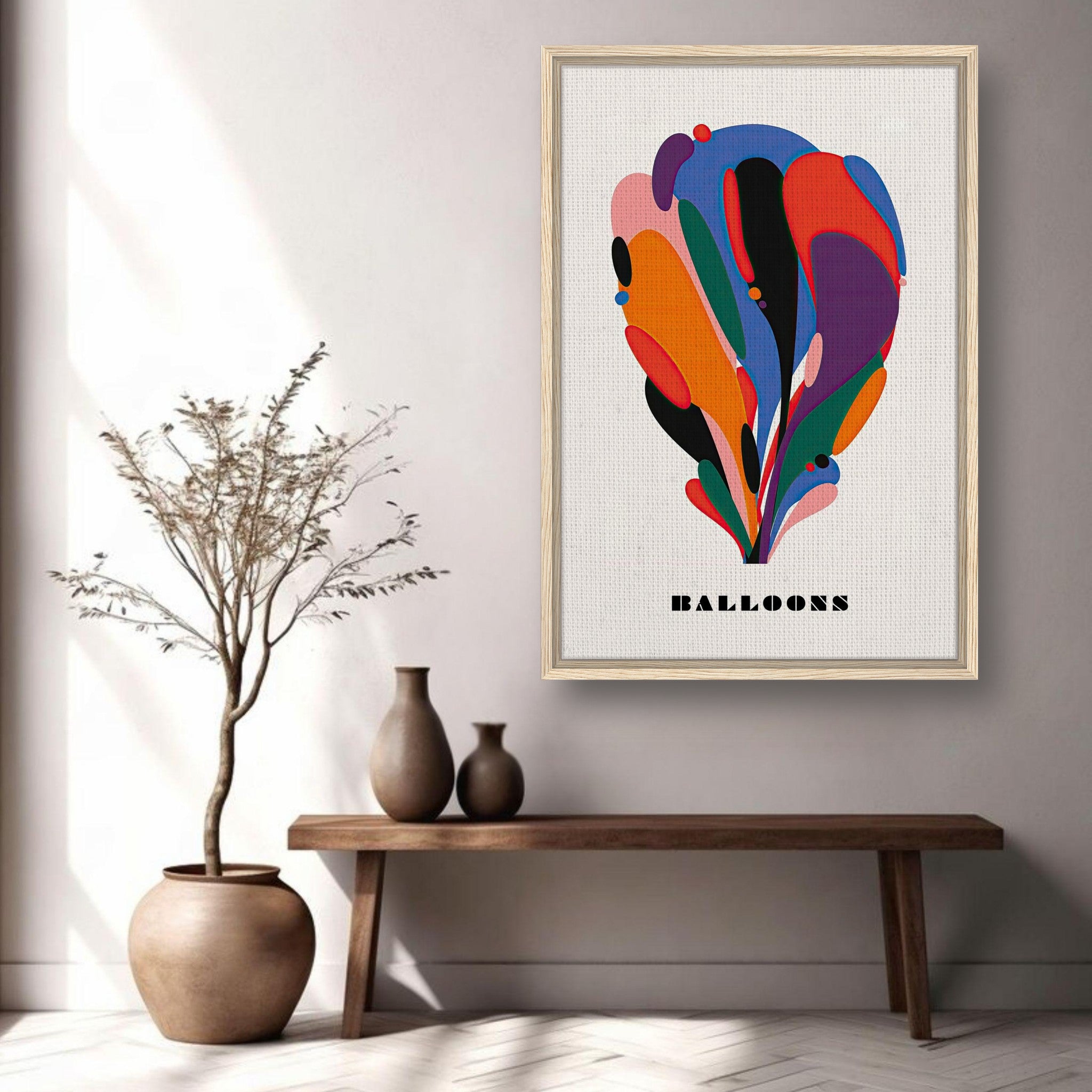 Vibrant abstract balloon art framed canvas print in modern living room decor with stylish pottery.