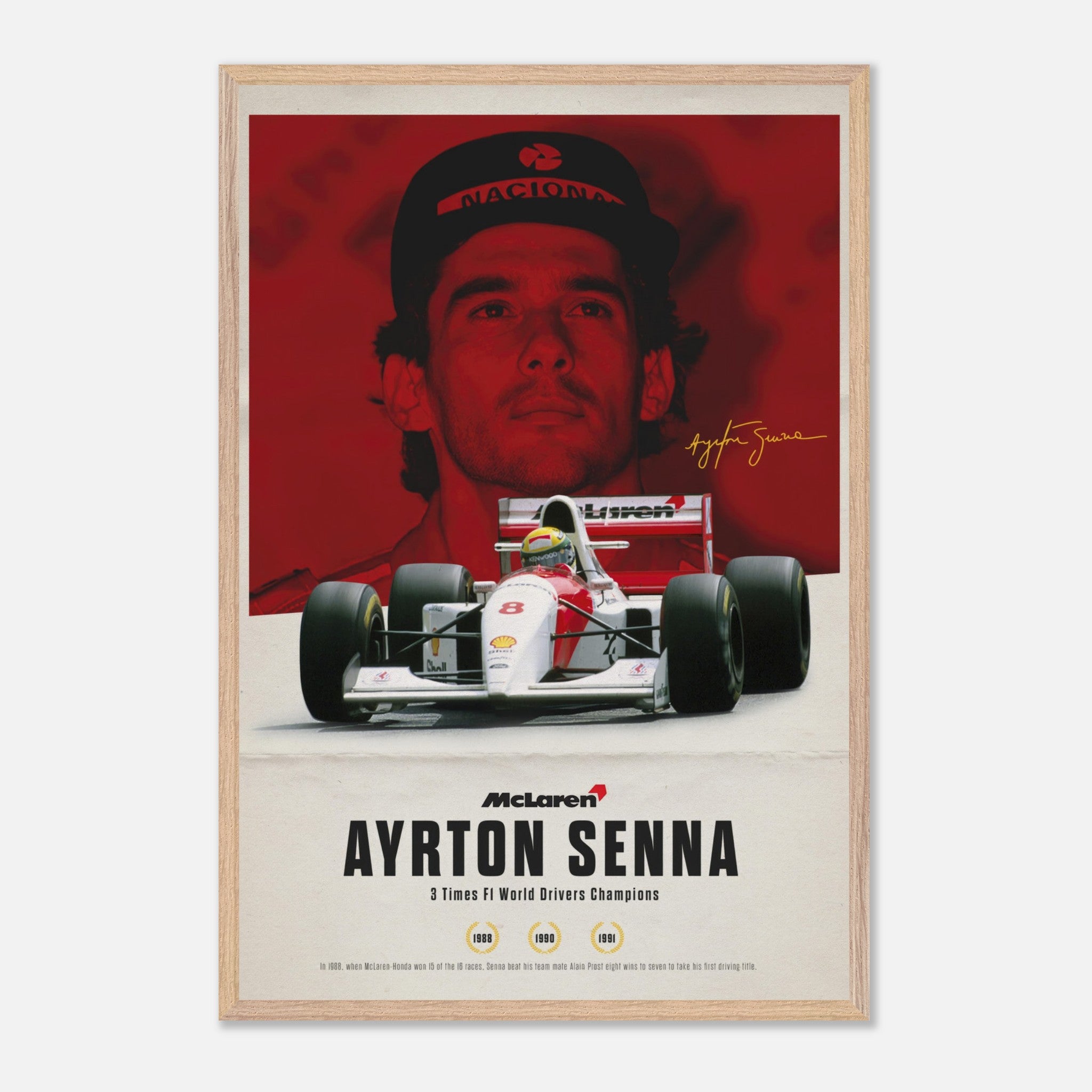 Ayrton Senna vintage framed art featuring McLaren car, signature, and 3-time World Champion years.
