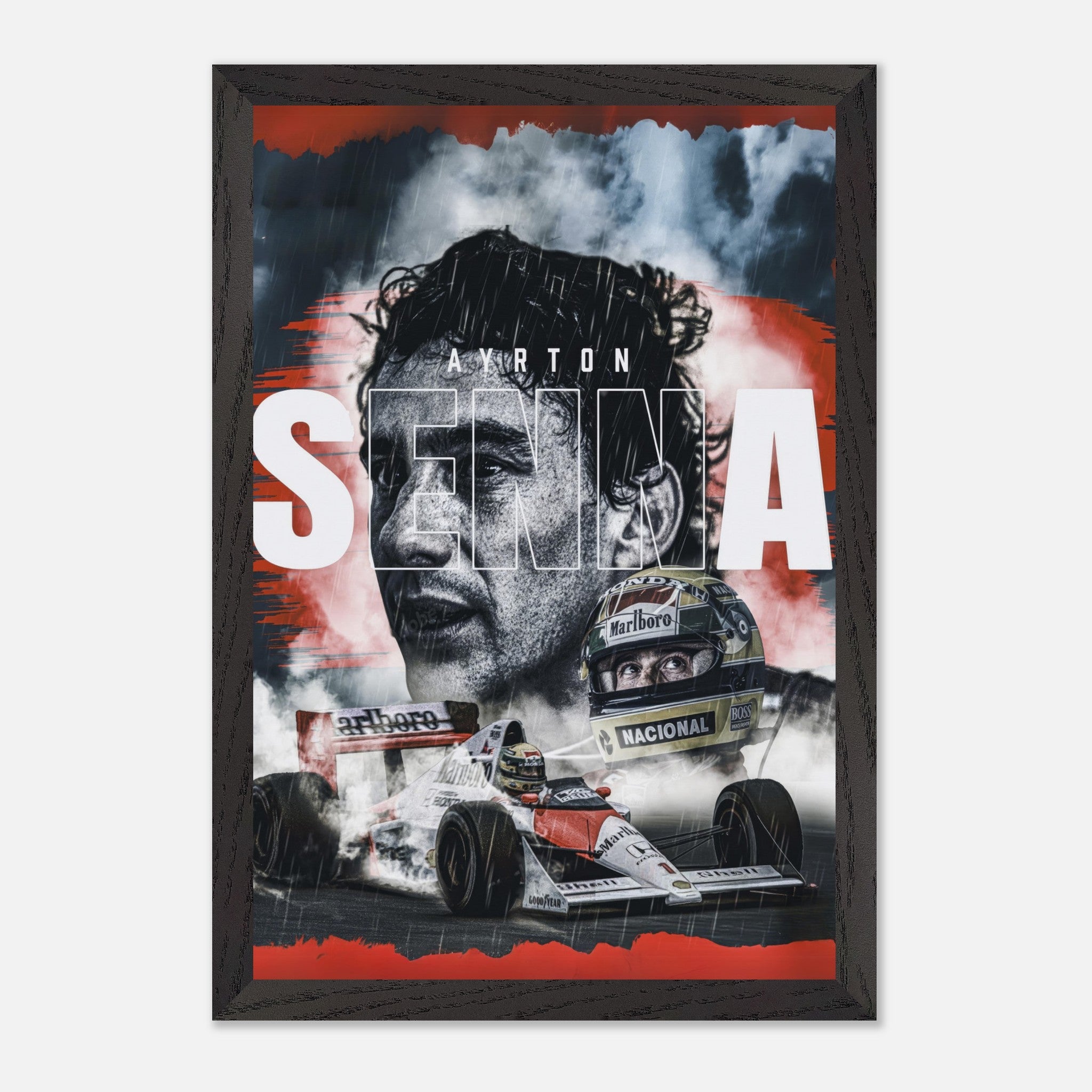 Ayrton Senna framed fine art print featuring vibrant colors and sharp details, perfect for F1 enthusiasts and collectors.
