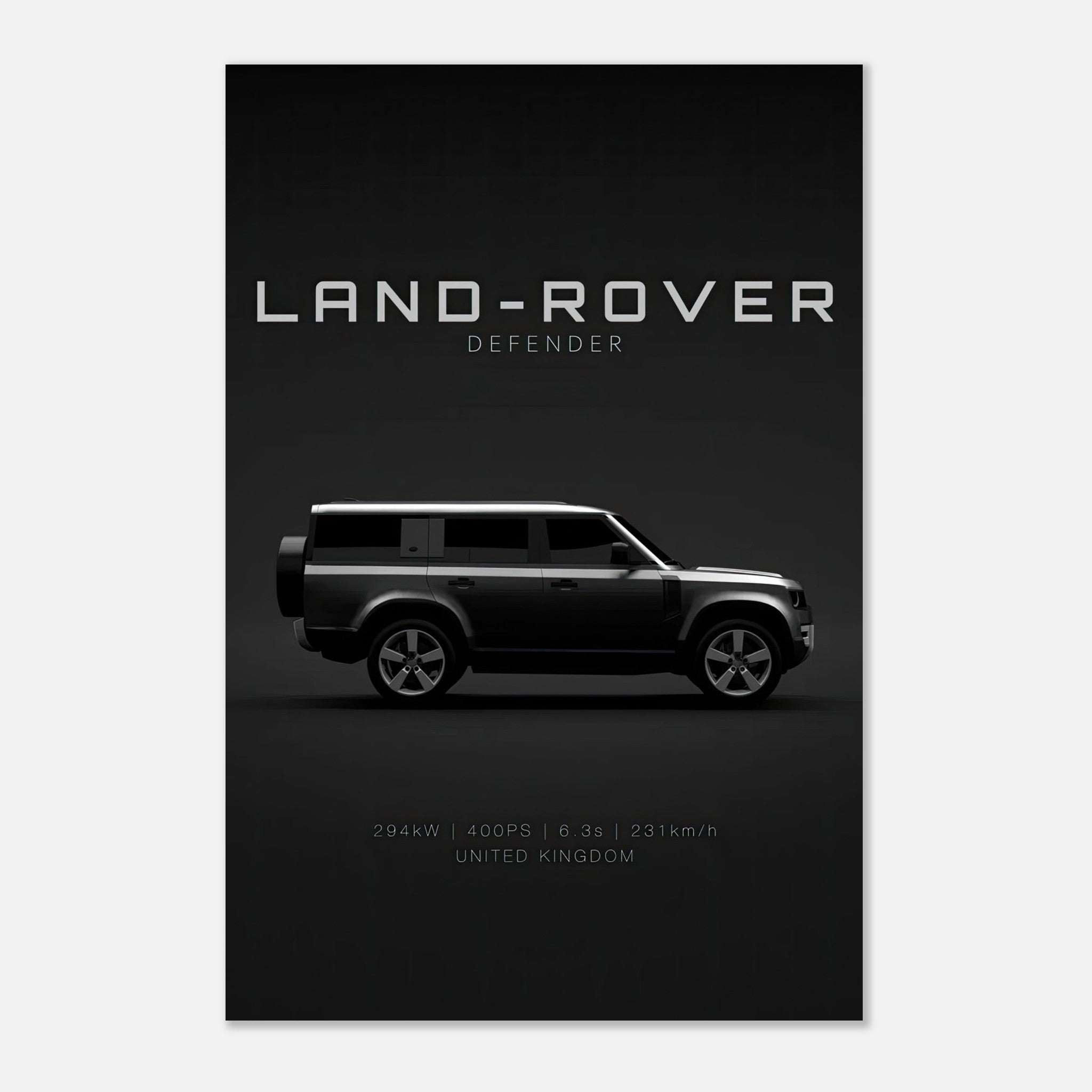 Land Rover Defender metal print showcasing a sleek profile on a bold black background, perfect for wall decor.