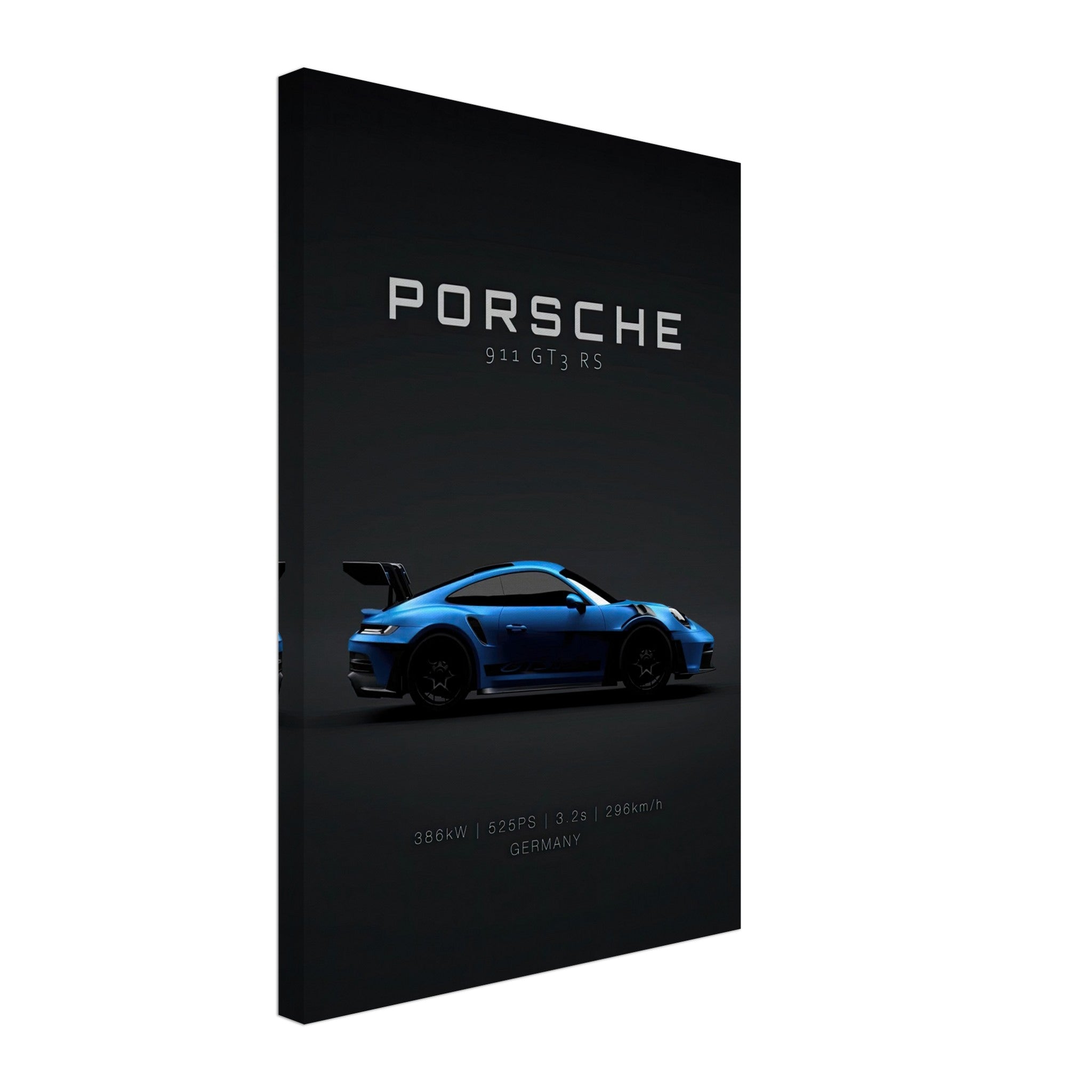 Porsche 911 GT3 RS canvas artwork in vibrant blue against a sleek black background.