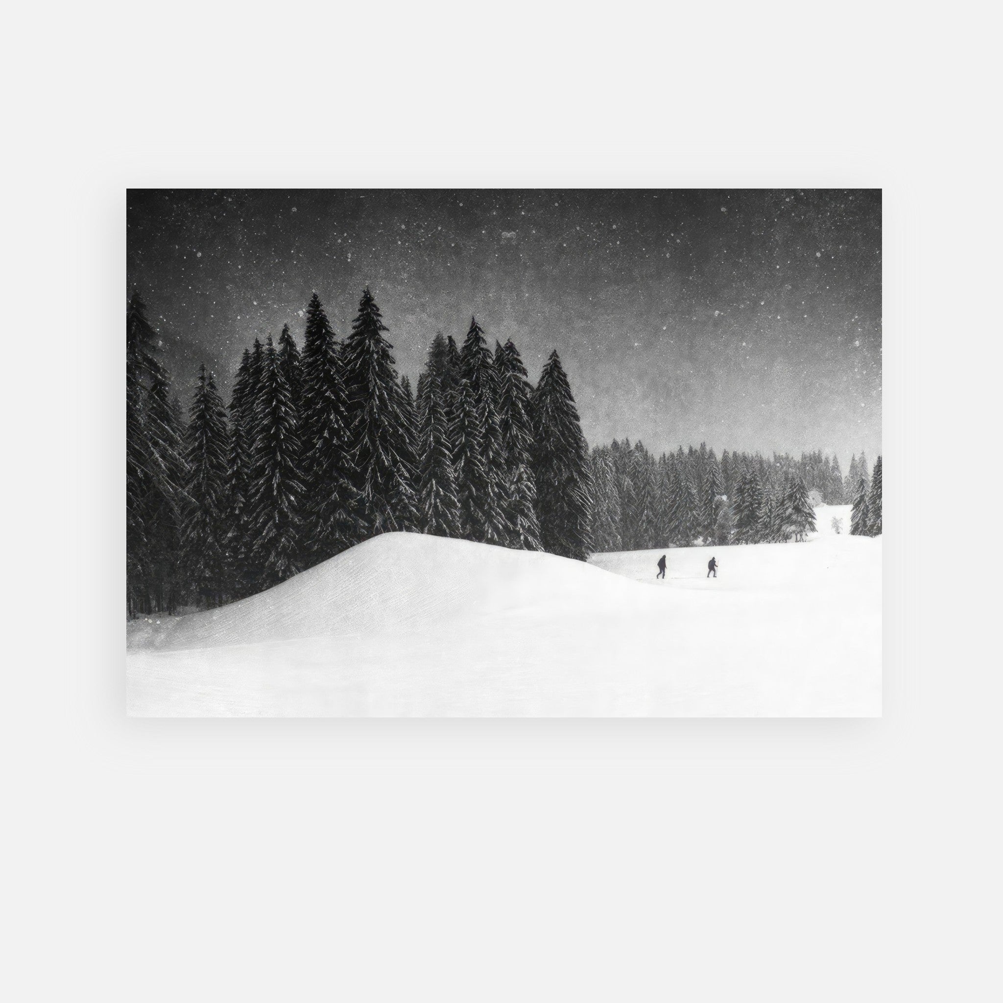 Black-and-white Winter Crossing poster featuring snow-covered landscapes and tall evergreens.