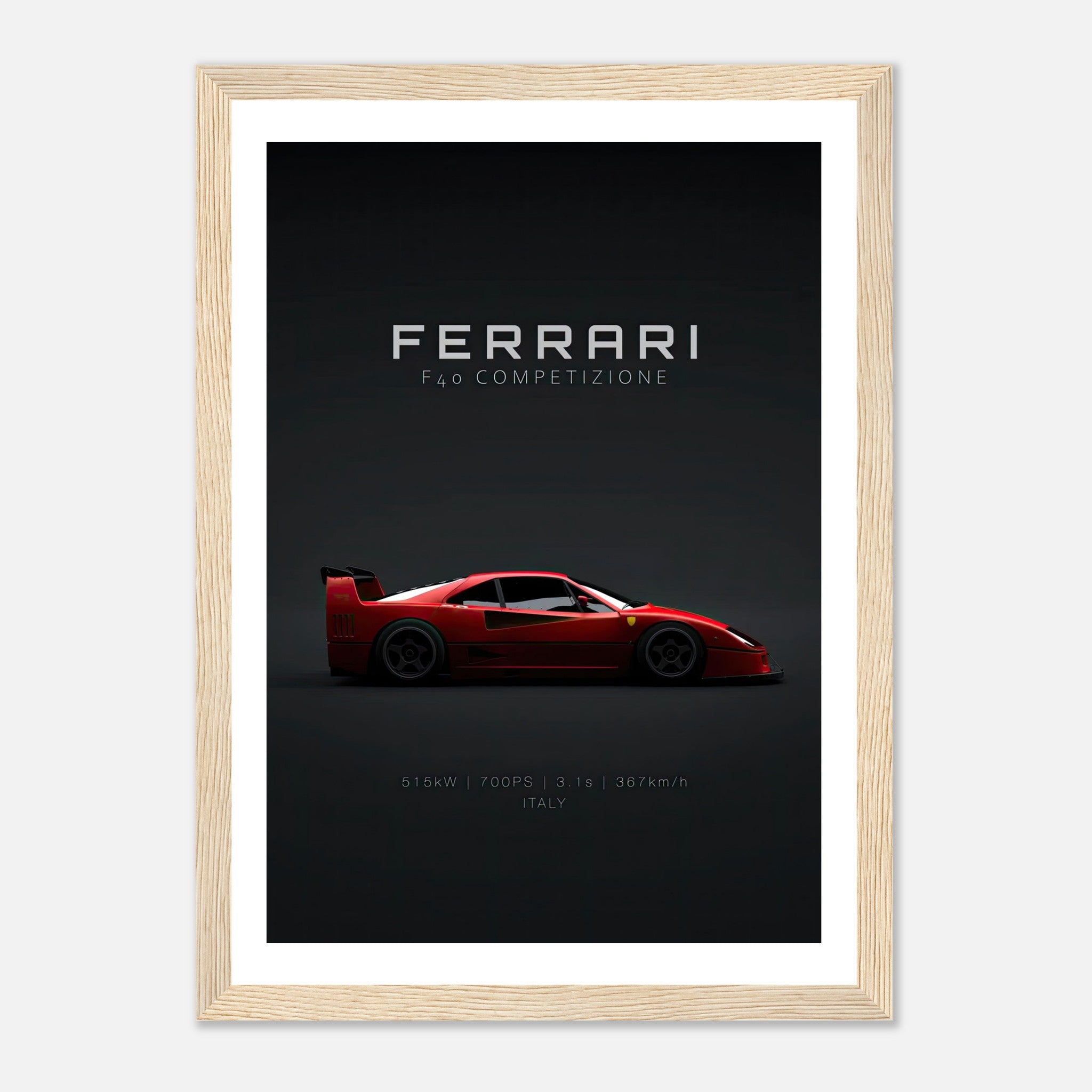 Ferrari F40 Competizione framed poster showcasing the iconic red supercar against a dark backdrop.