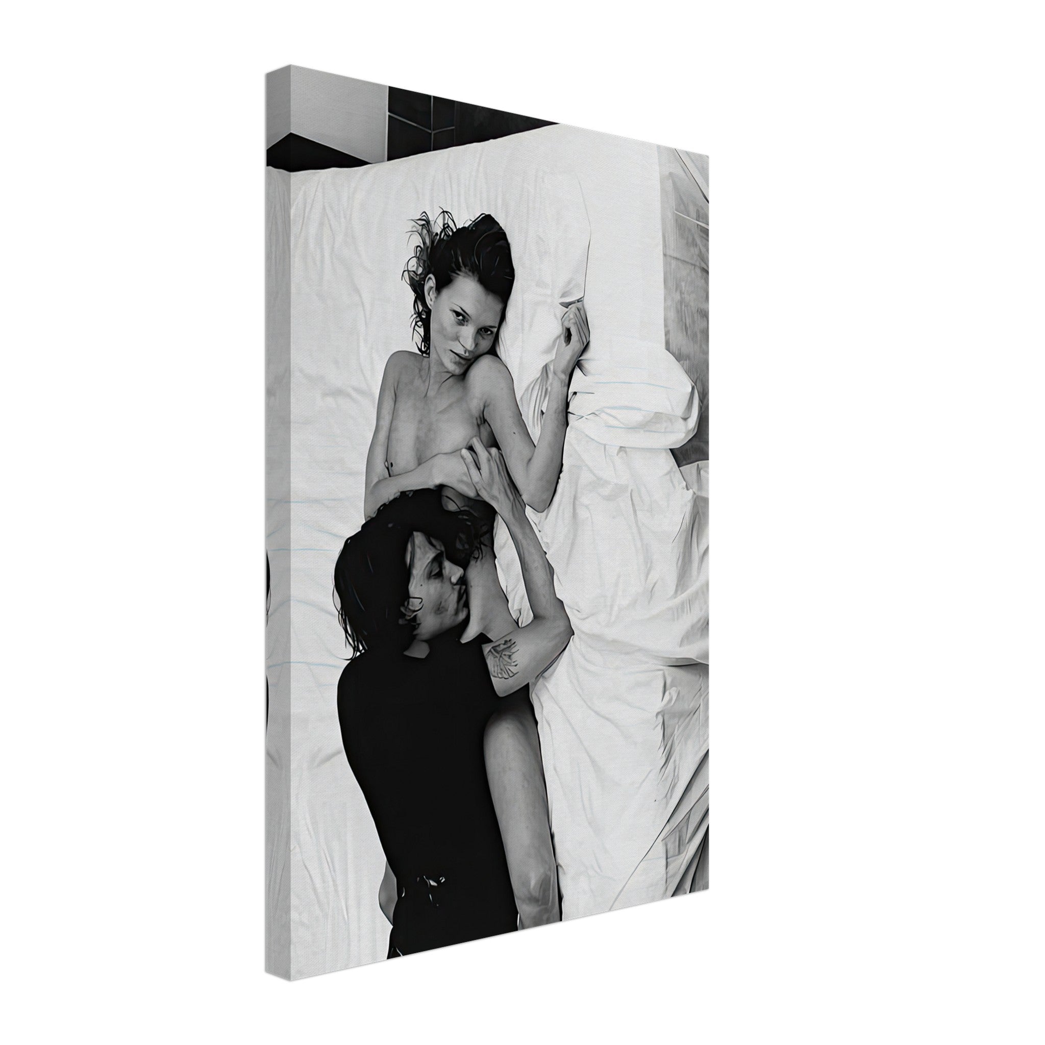 Black-and-white canvas print of Kate Moss and Johnny Depp in an intimate pose, capturing 90s glamour.