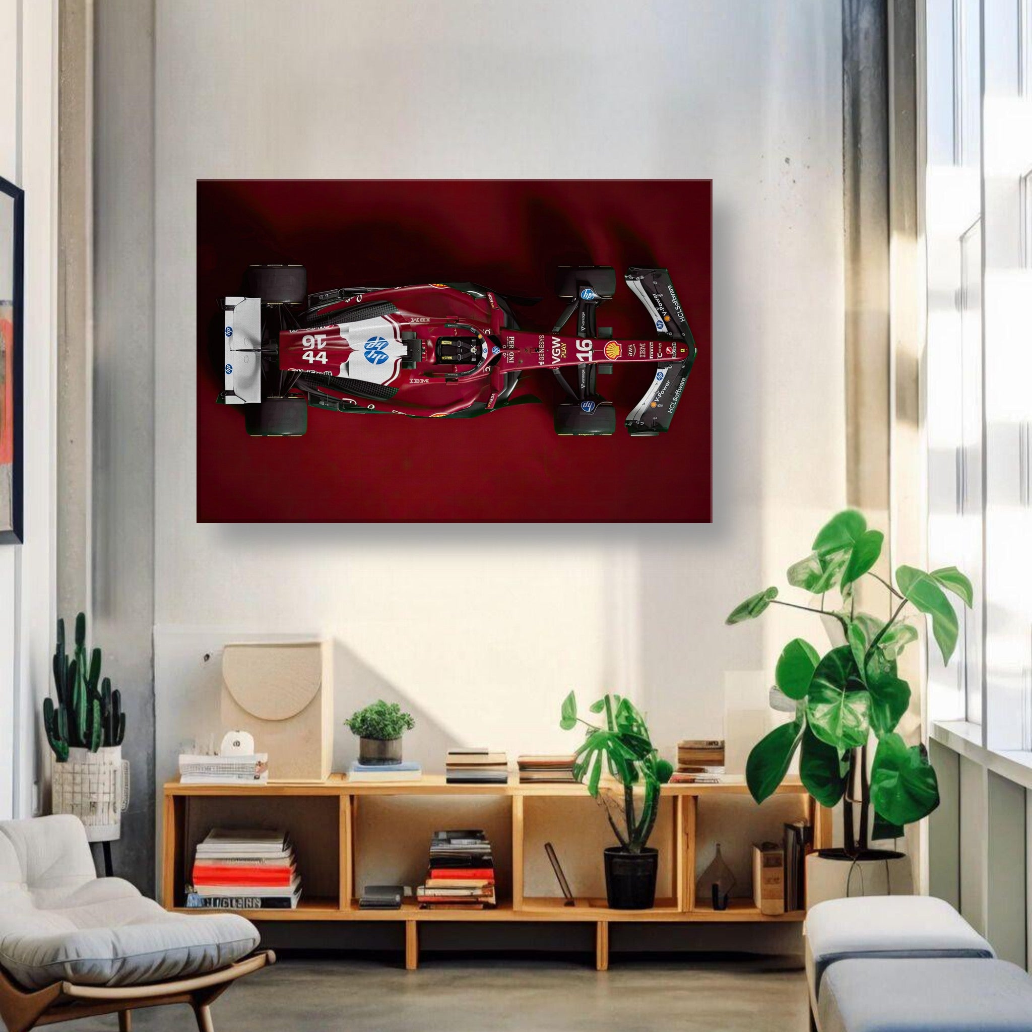 Ferrari F1 2025 canvas print showcasing a top-down view of the race car in a stylish living room setting.