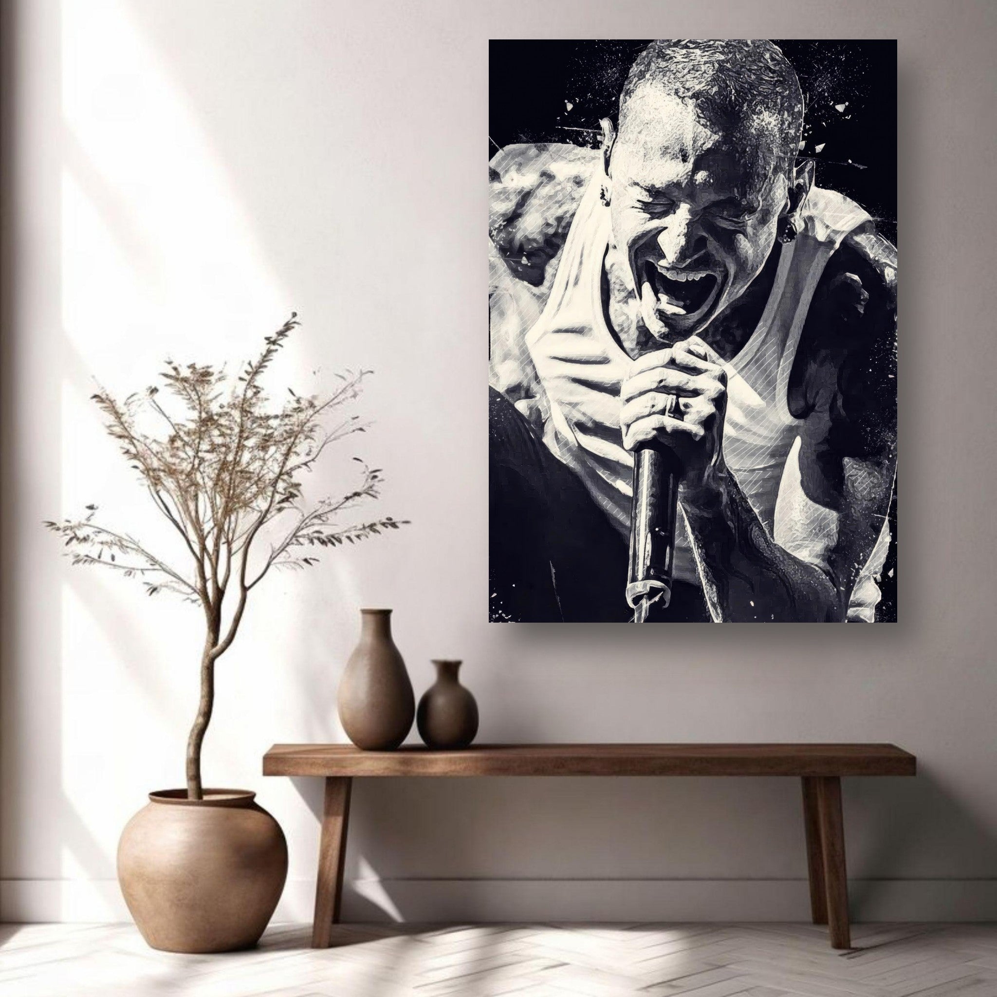 Chester Bennington metal print showcasing an intense black-and-white portrait in a modern home setting.