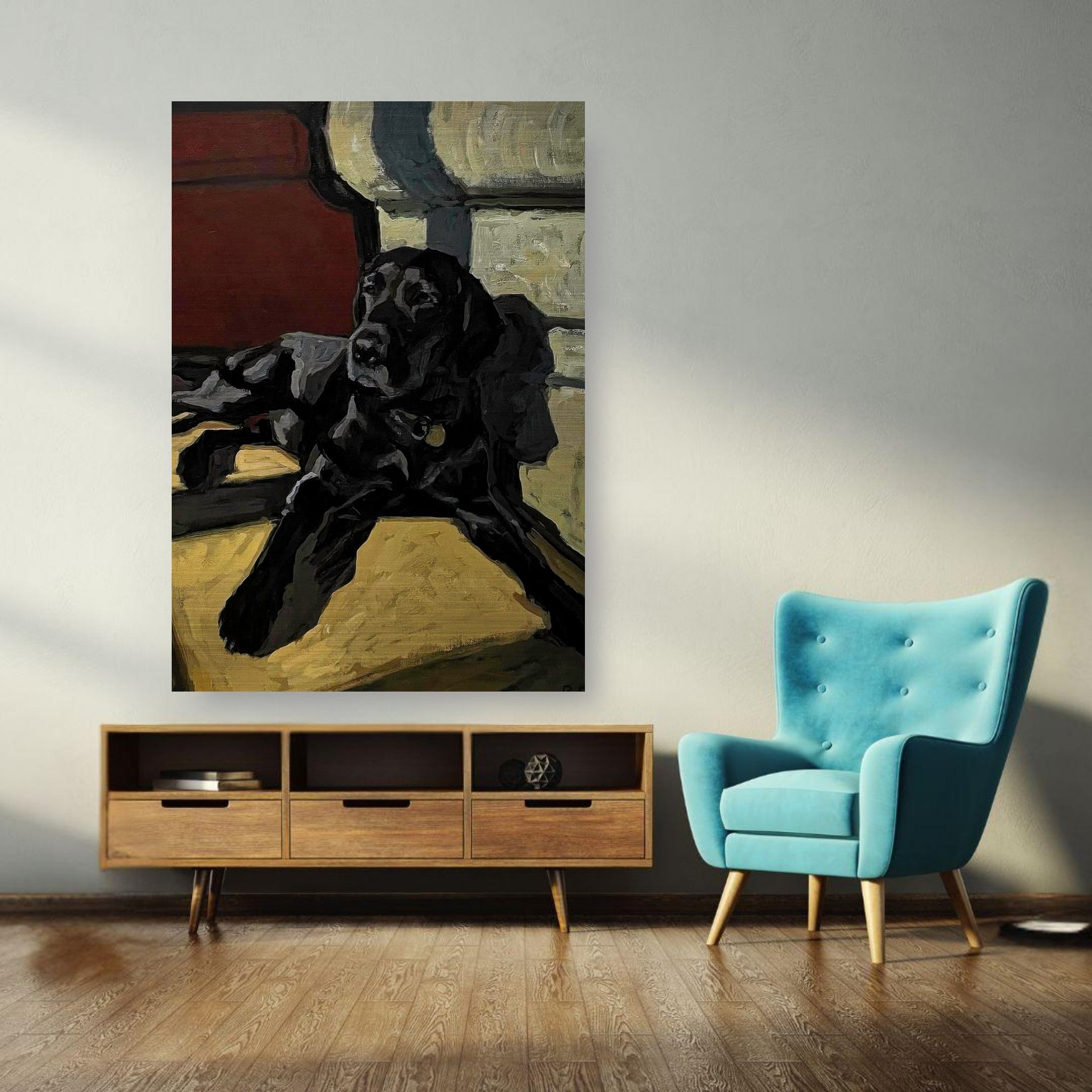 Black Labrador dog painting on brushed metal in a modern living room setting.