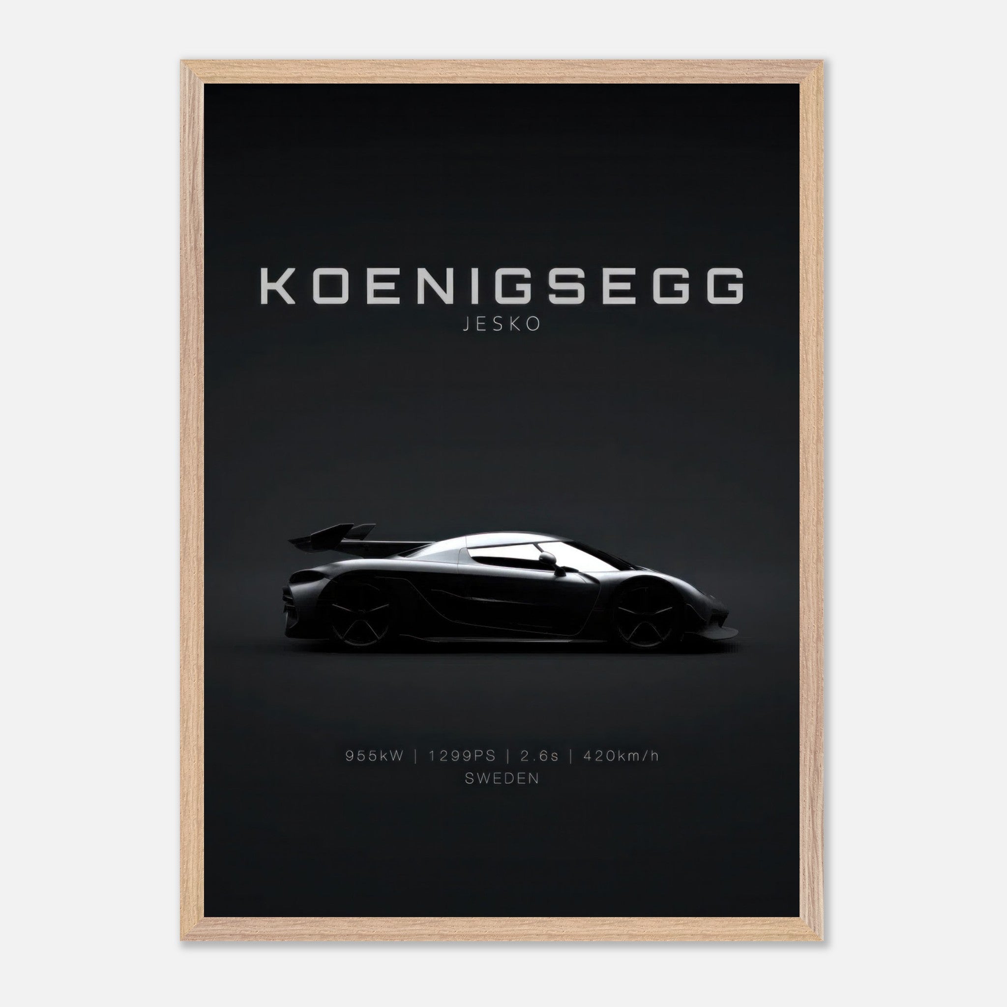 Koenigsegg Jesko vintage framed art featuring sleek car silhouette on minimalist black background.