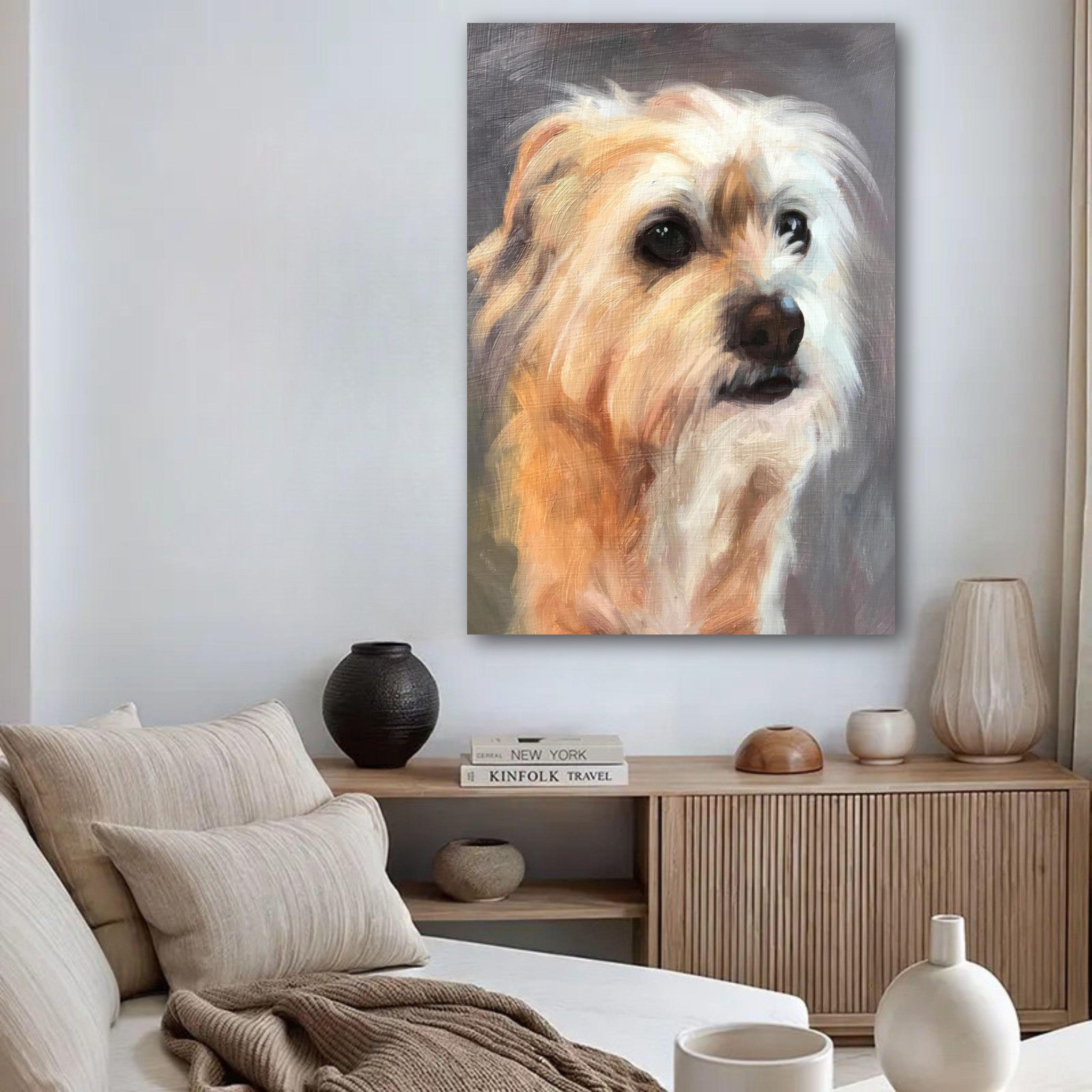 Charming terrier dog painting poster displayed in a cozy living room, adding warmth and character to the decor.