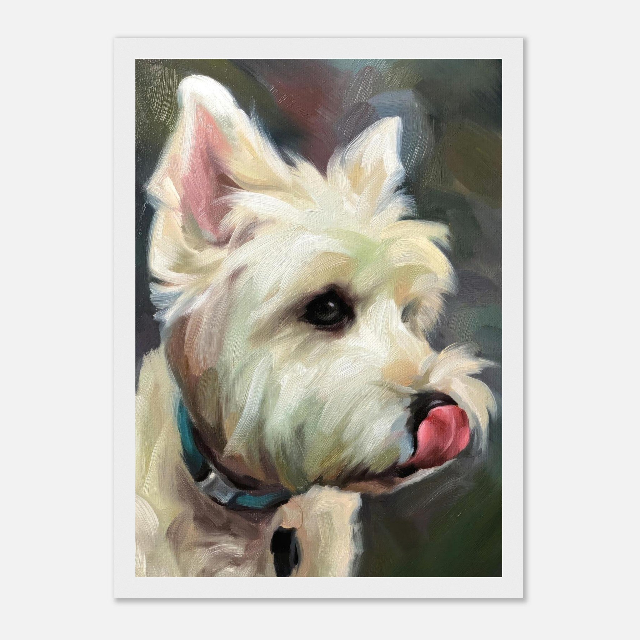 Close-up of a Westie dog painting with vibrant brushstrokes, showcasing the dog's playful personality.