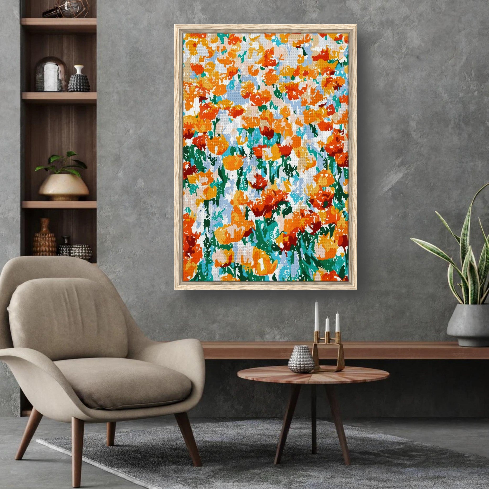 Colorful abstract floral tulip garden framed canvas print in modern living room decor.